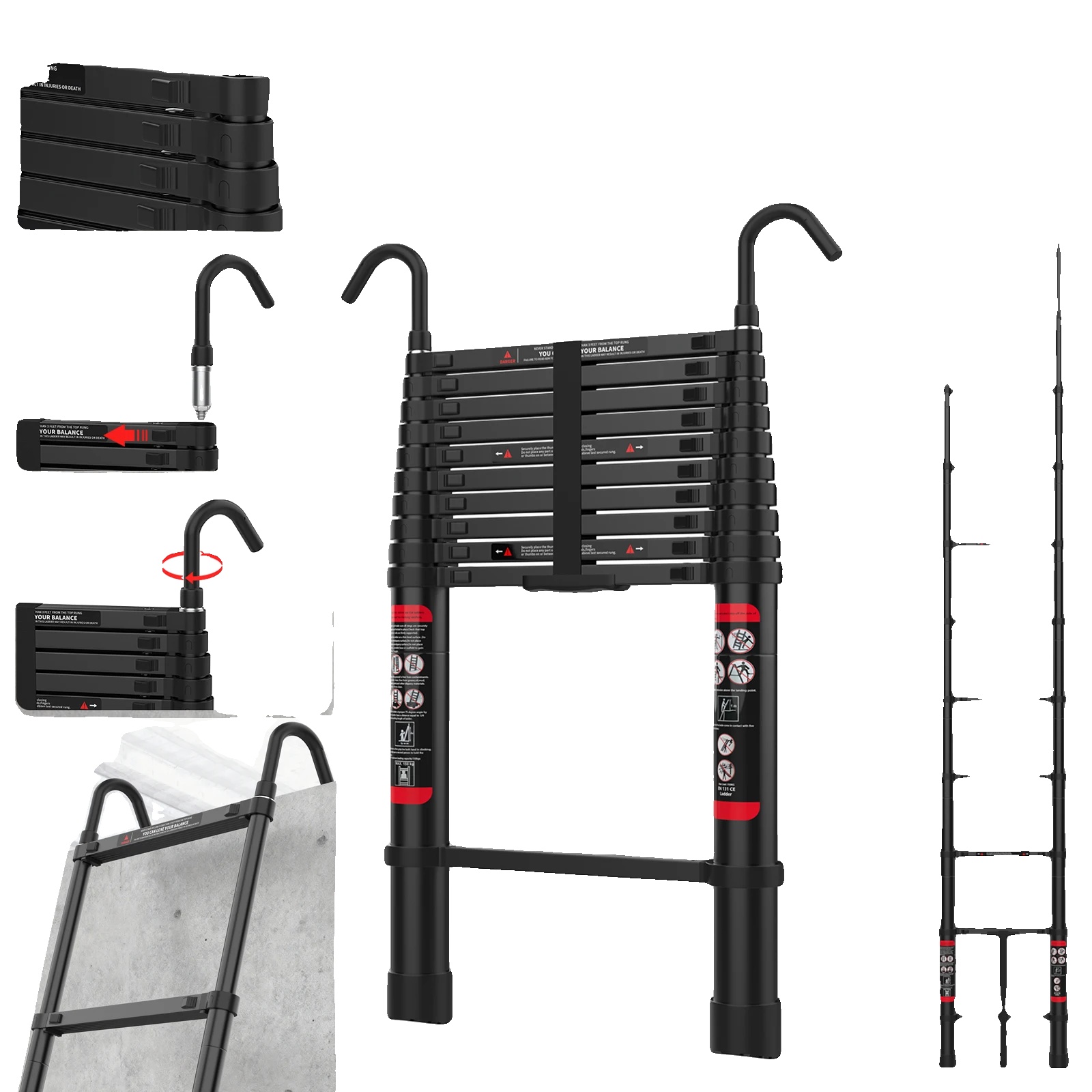 Teleskopleiter, 11 Stufen, Abnehmbare Haken, 3.2m/10.5ft + 2 Abnehmbare Haken