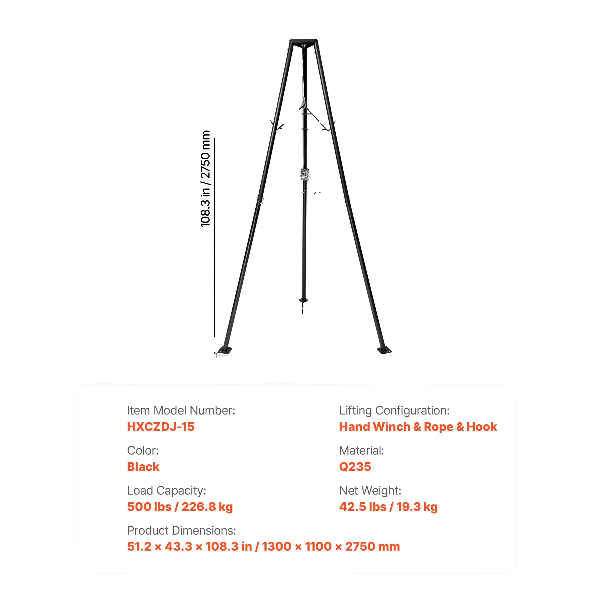 Spielwinde, 500 Lbs Tragfähigkeit, Dreibeinstruktur, 500lbs