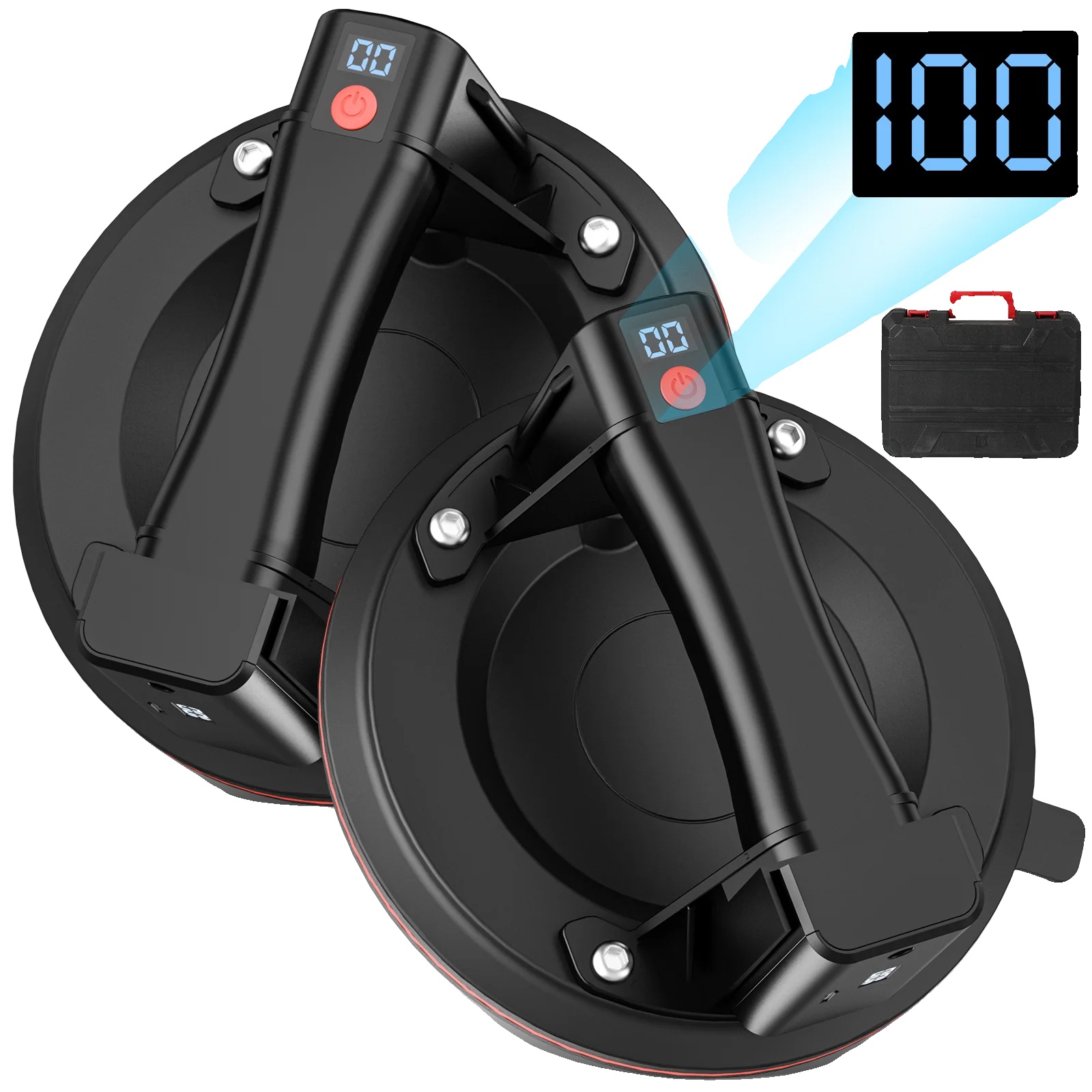 Saugnapfheber, 200kg Tragfähigkeit, Intelligentes Led-display, 2stk Schwarz