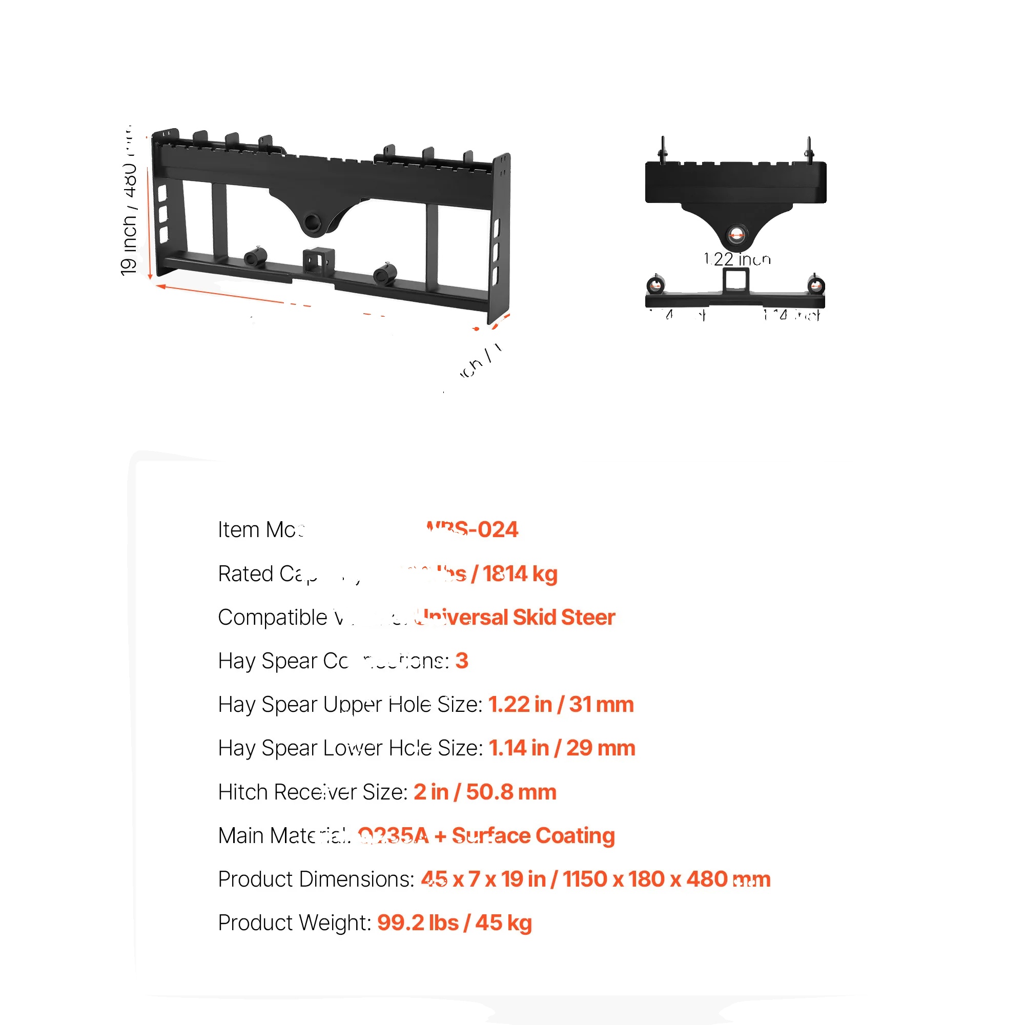 Gabelrahmen Für Skid Steer, 4000 Lbs Tragfähigkeit, Heuballenstecher-kompatibel, 4000lbs