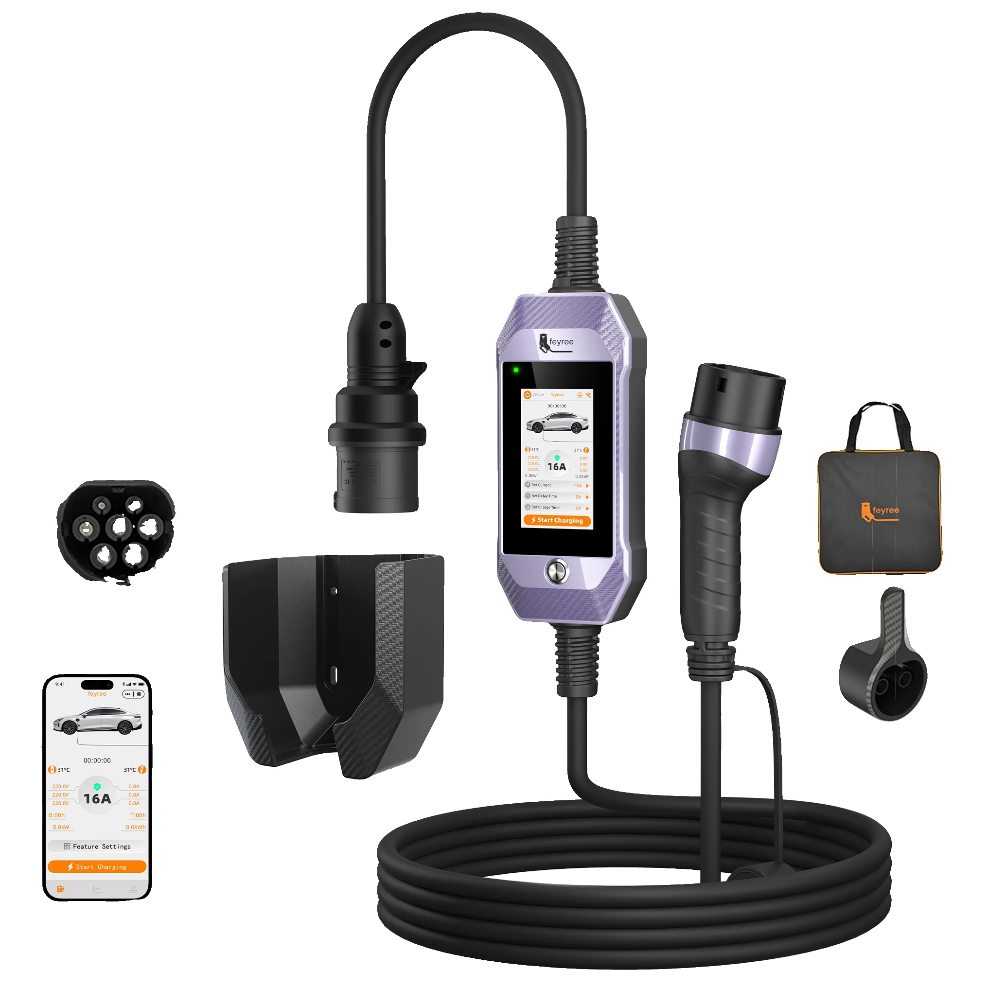 Tragbares Ev-ladegerät, Intelligente App-steuerung, 11 Kw Leistung, Lila, Typ2
