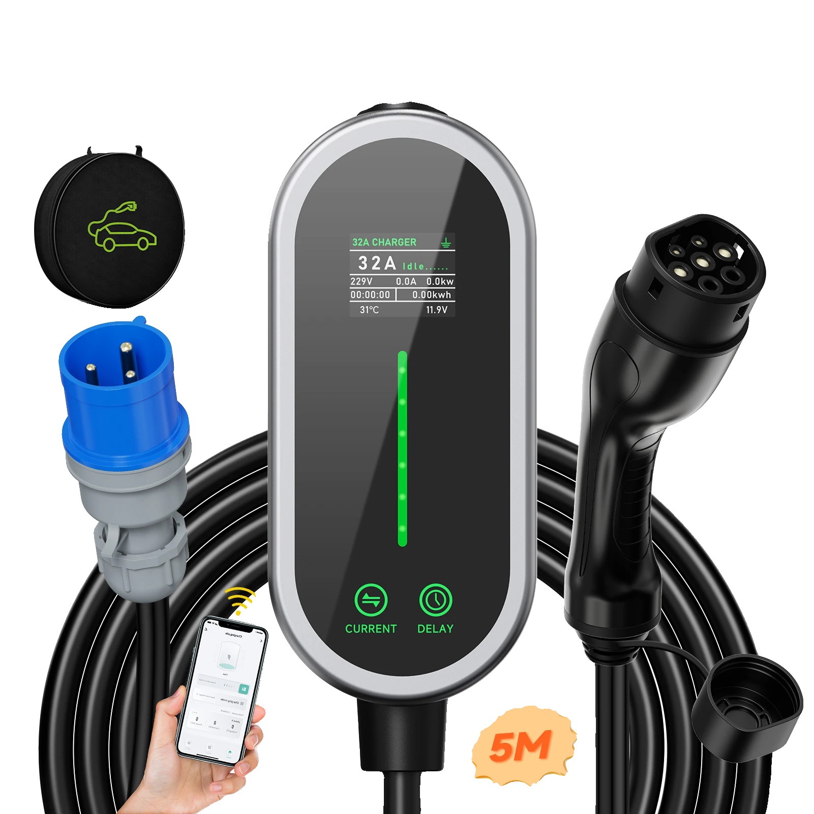 Tragbares Ev-ladegerät, 7kw Leistung, Intelligente App-steuerung, Typ2 5m