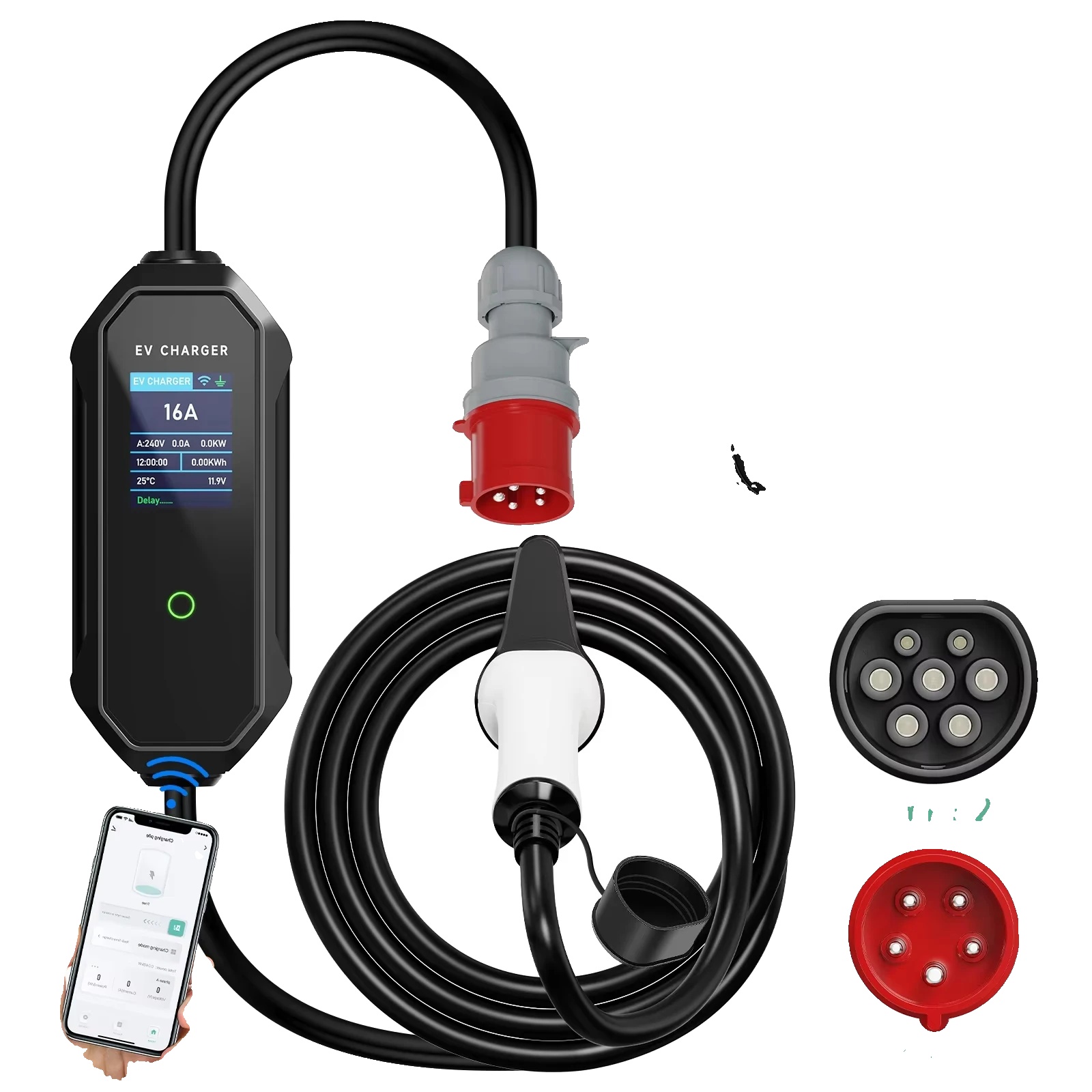 Ev-ladegerät, Smarte App-steuerung, Einstellbarer Strom, 11kw Typ 2 5m