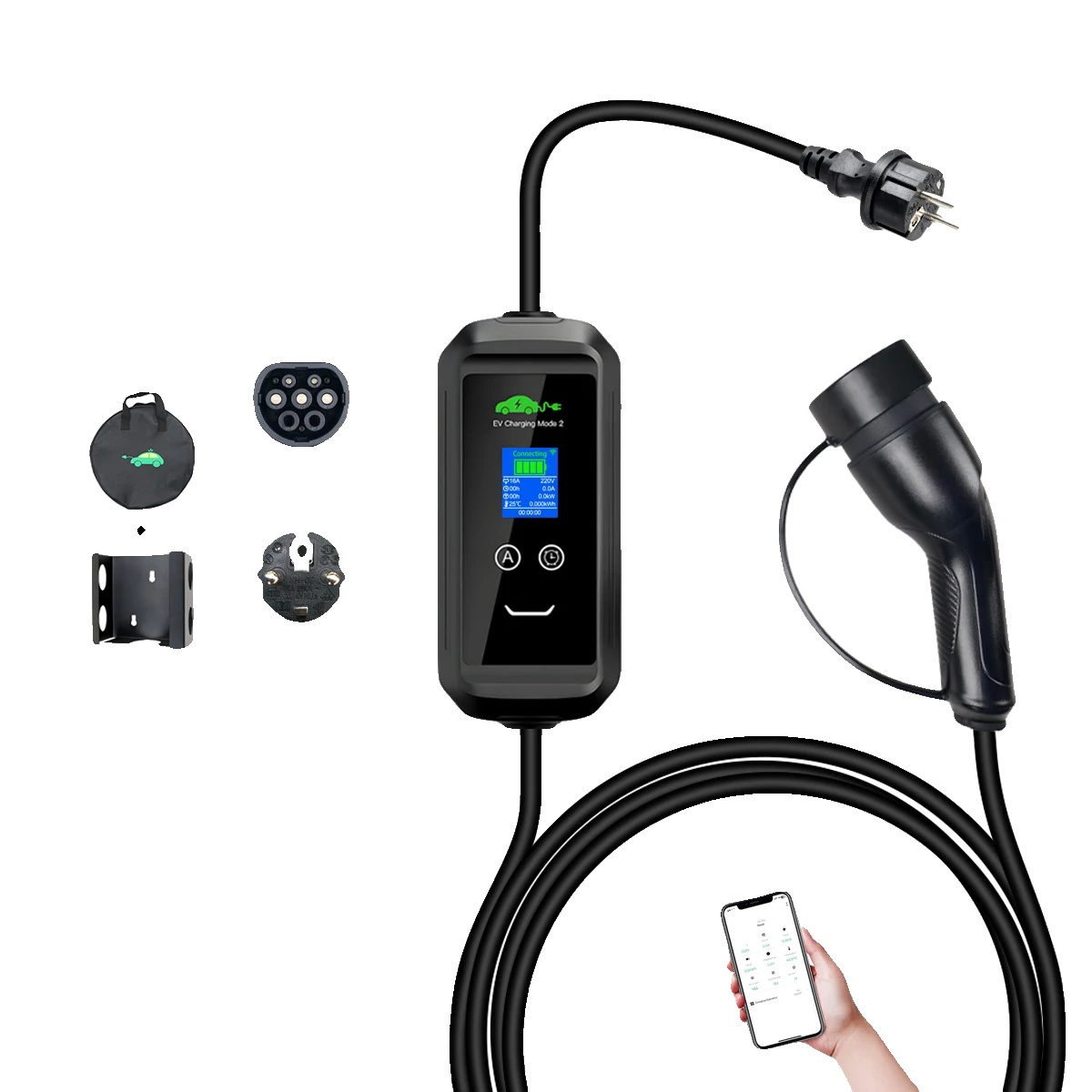 Ev-ladegerät, Intelligente App-konnektivität, Einstellbarer Strom, Schwarz, Type2