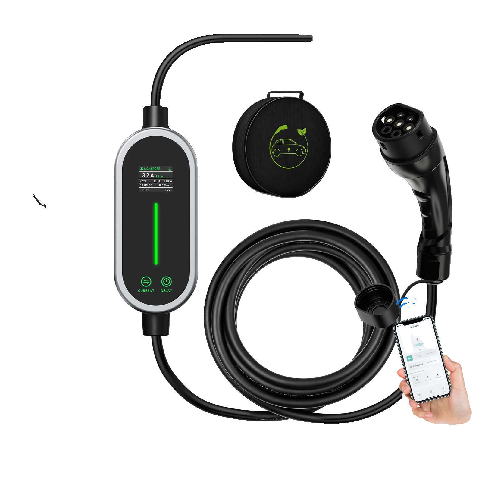 Tragbares Ev-ladegerät, Intelligentes Laden, Einstellbarer Strom, Schwarz