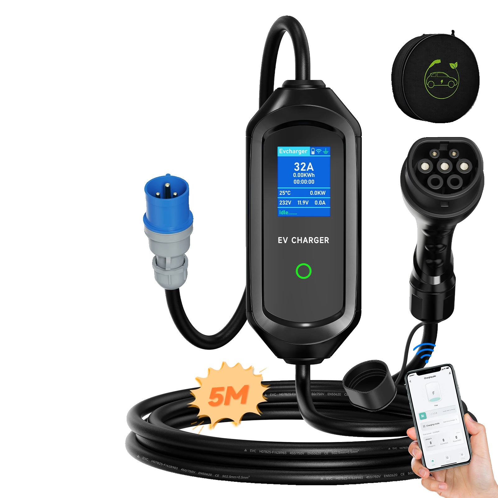 Ev-ladegerät, Smarte App-steuerung, Einstellbarer Strom, Typ2 5m