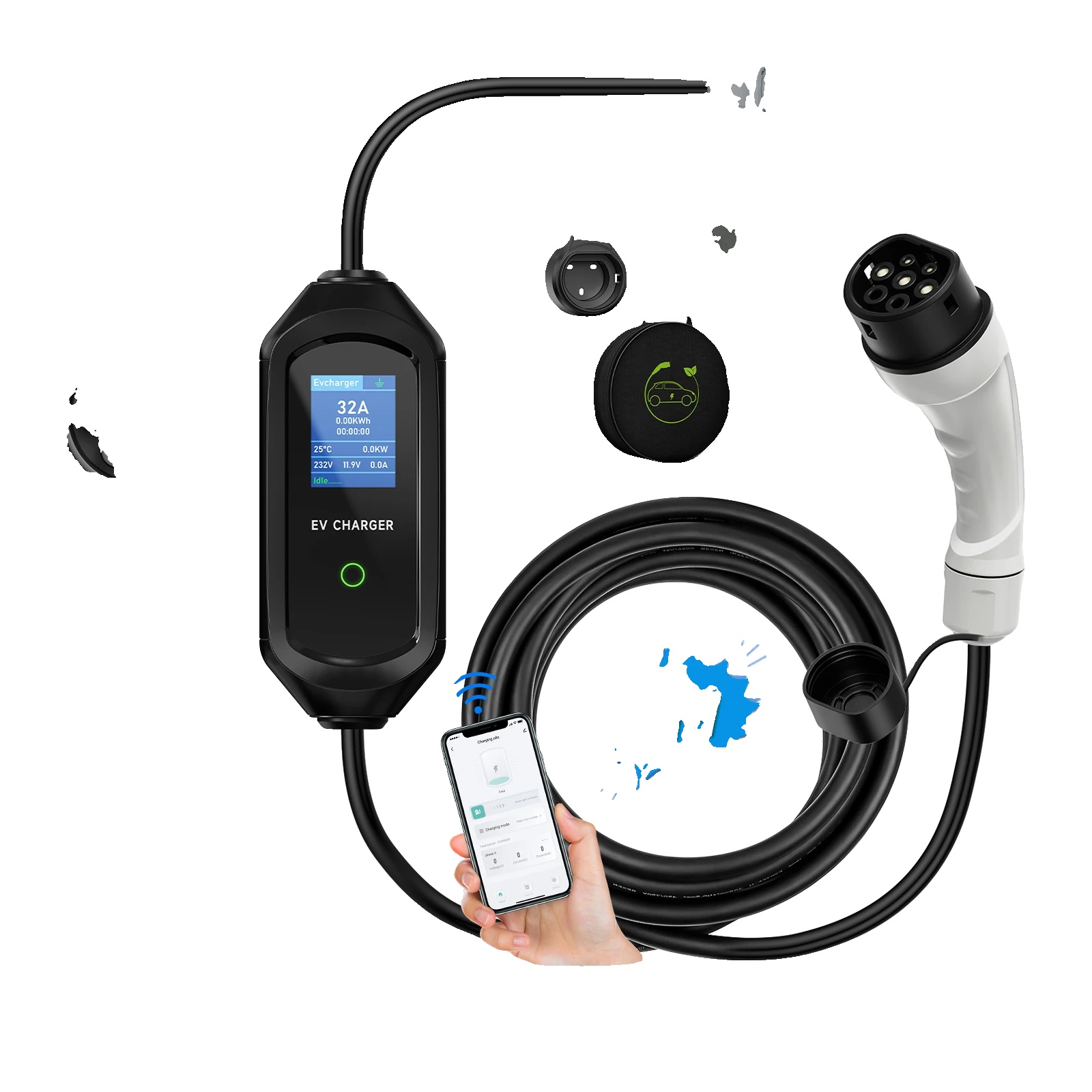 Elektrofahrzeug-ladegerät, Intelligente Steuerung, Einstellbarer Strom, Schwarz, Typ2