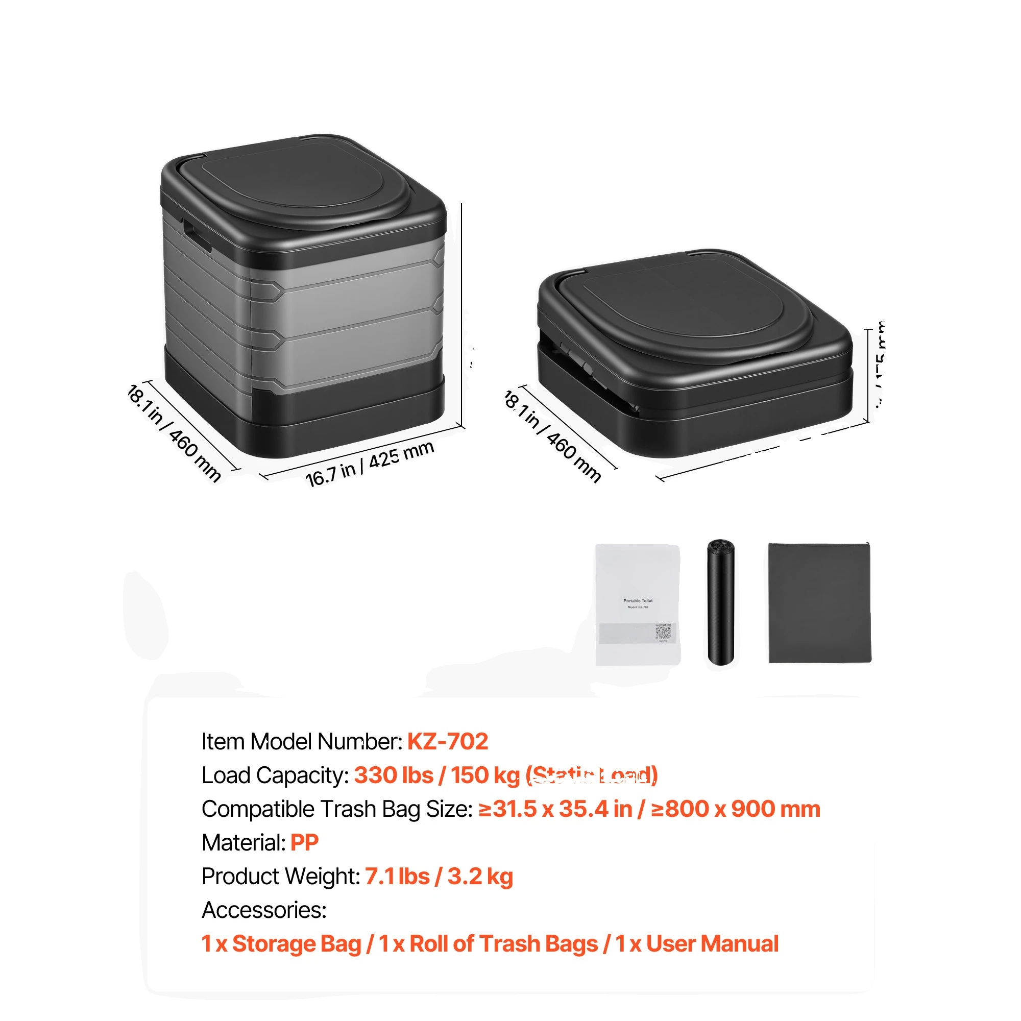 Tragbare Toilette, Zusammenklappbares Design, Hohe Tragfähigkeit, Lade 330 Lbs