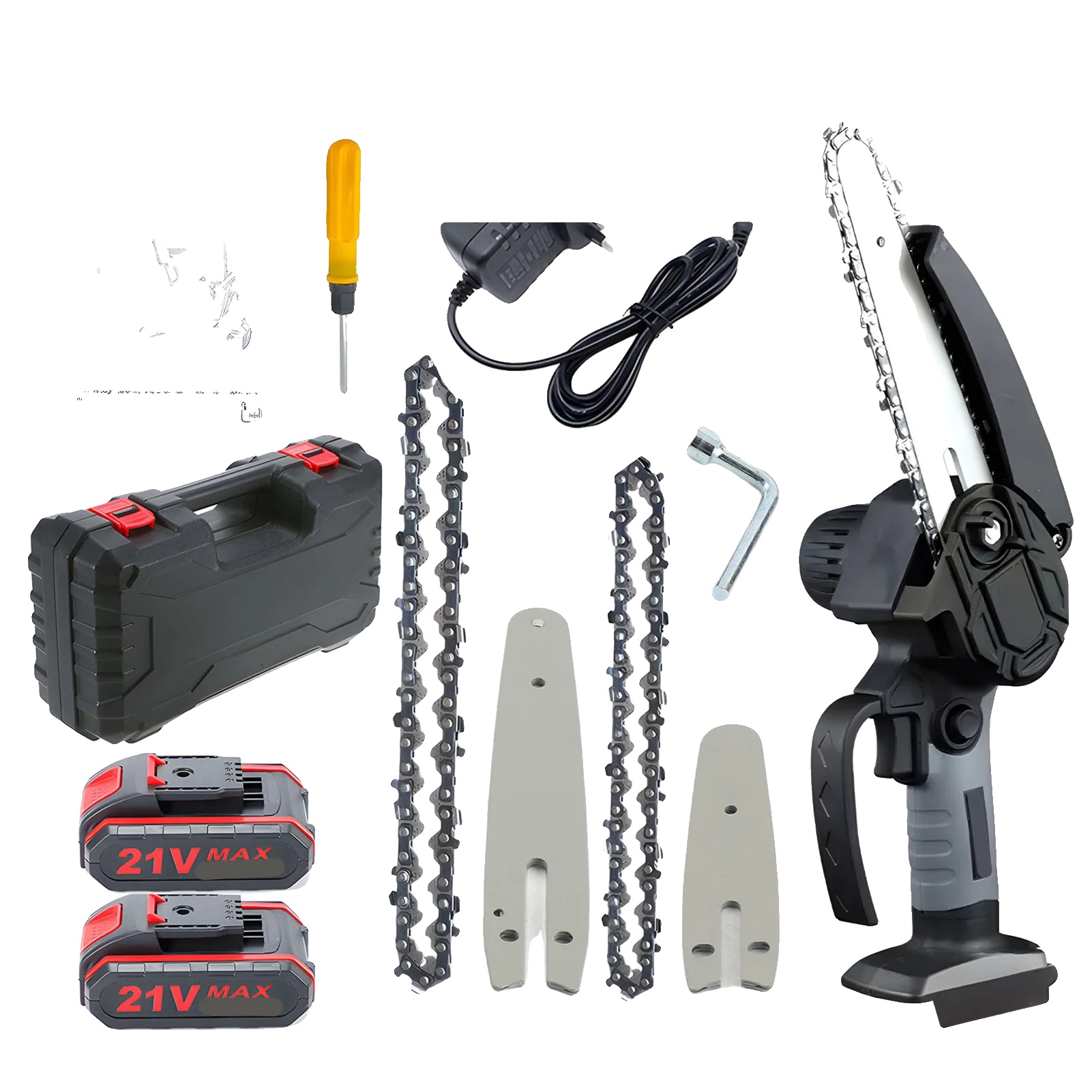Mini-kettensäge, Tragbar, Kabelloser Betrieb, Schwarz, Zwei Batterien