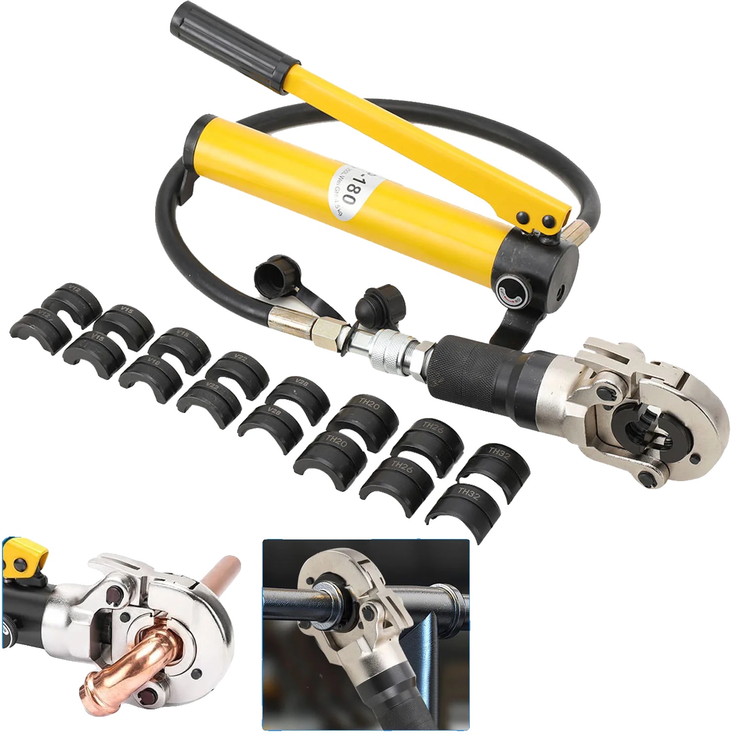 Hydraulische Rohrverpresszange, Verpressbereich 12-28mm V-form, 16-32mm Th-form, 6 Tonnen Kraft, 9 Matrizen Enthalten, Ergonomischer Griff