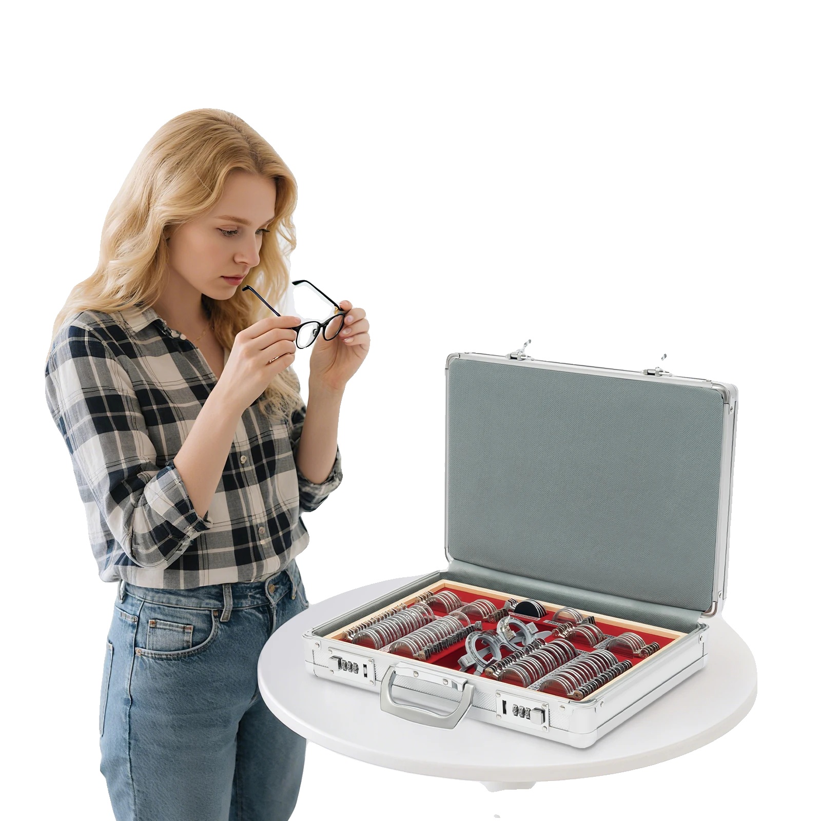 Optometrie-testlinsen-set, Metall- Und Glasmaterial, 104 Teile Enthalten, Abmessungen 39,5 X 30 X 11,5 Cm, Tragetaschengröße 38 X 27 X 6 Cm,