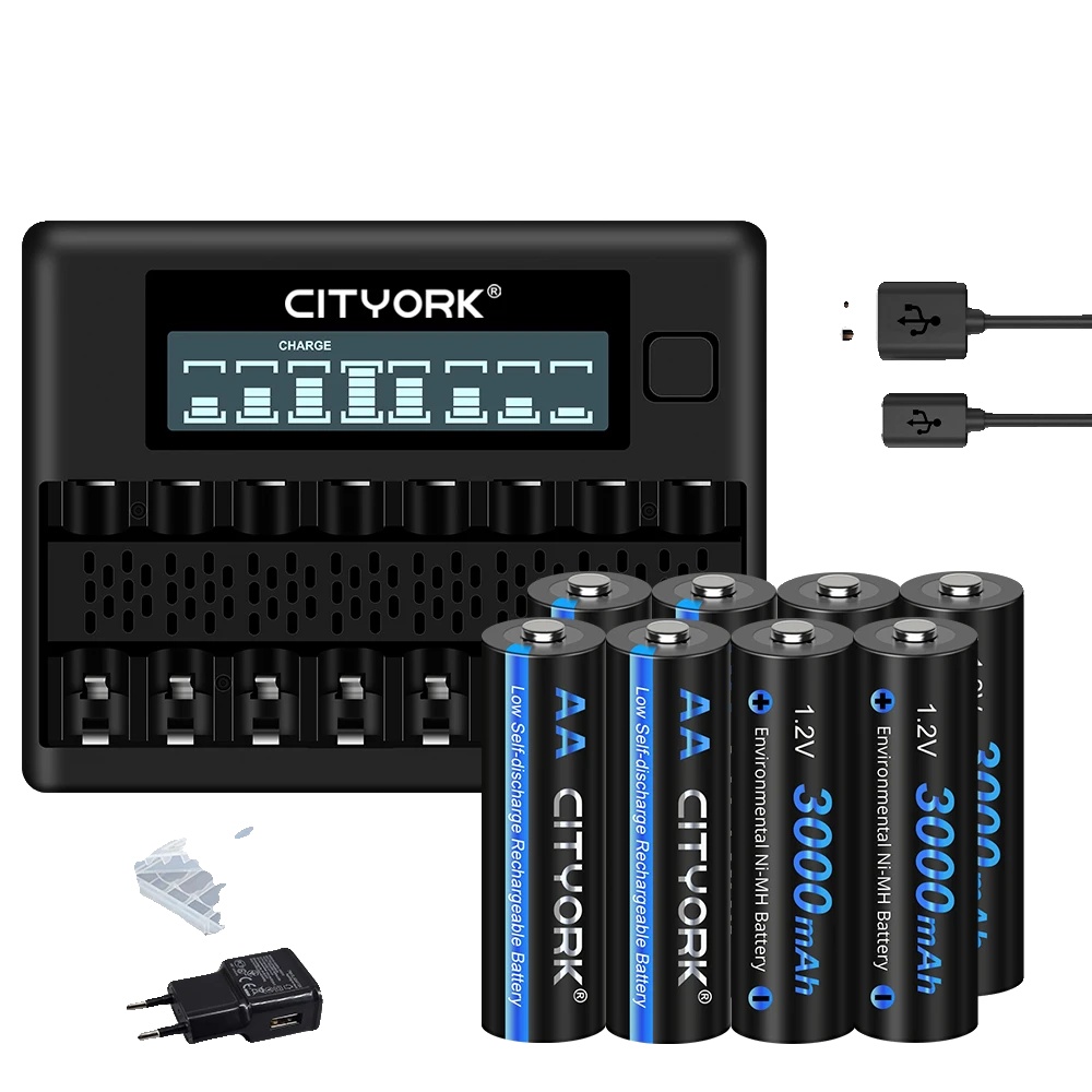 Wiederaufladbares Batterien-set, Lcd-ladegerät, Hohe Kapazität, 1ladegerät 8aa