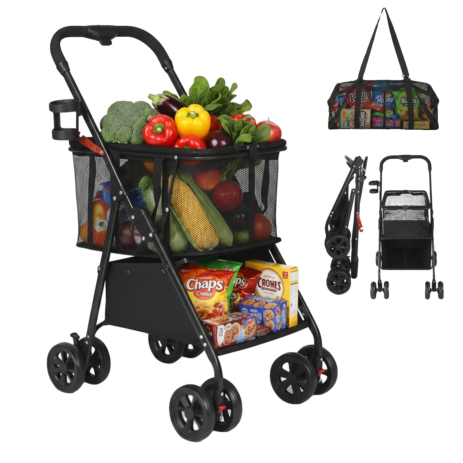 Faltbarer Handwagen, 2-stufige Lagerung, 360° Räder, Schwarz