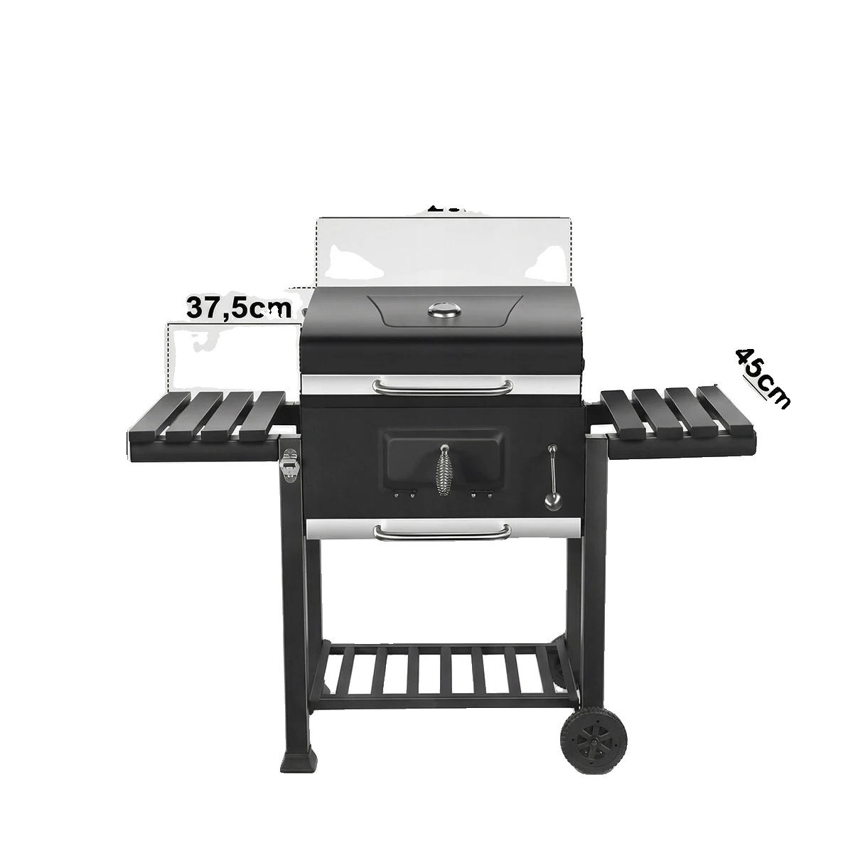 Grillwagen, Holzkohlegrill, Integriertes Thermometer, Edelstahlgriff, Schwarz