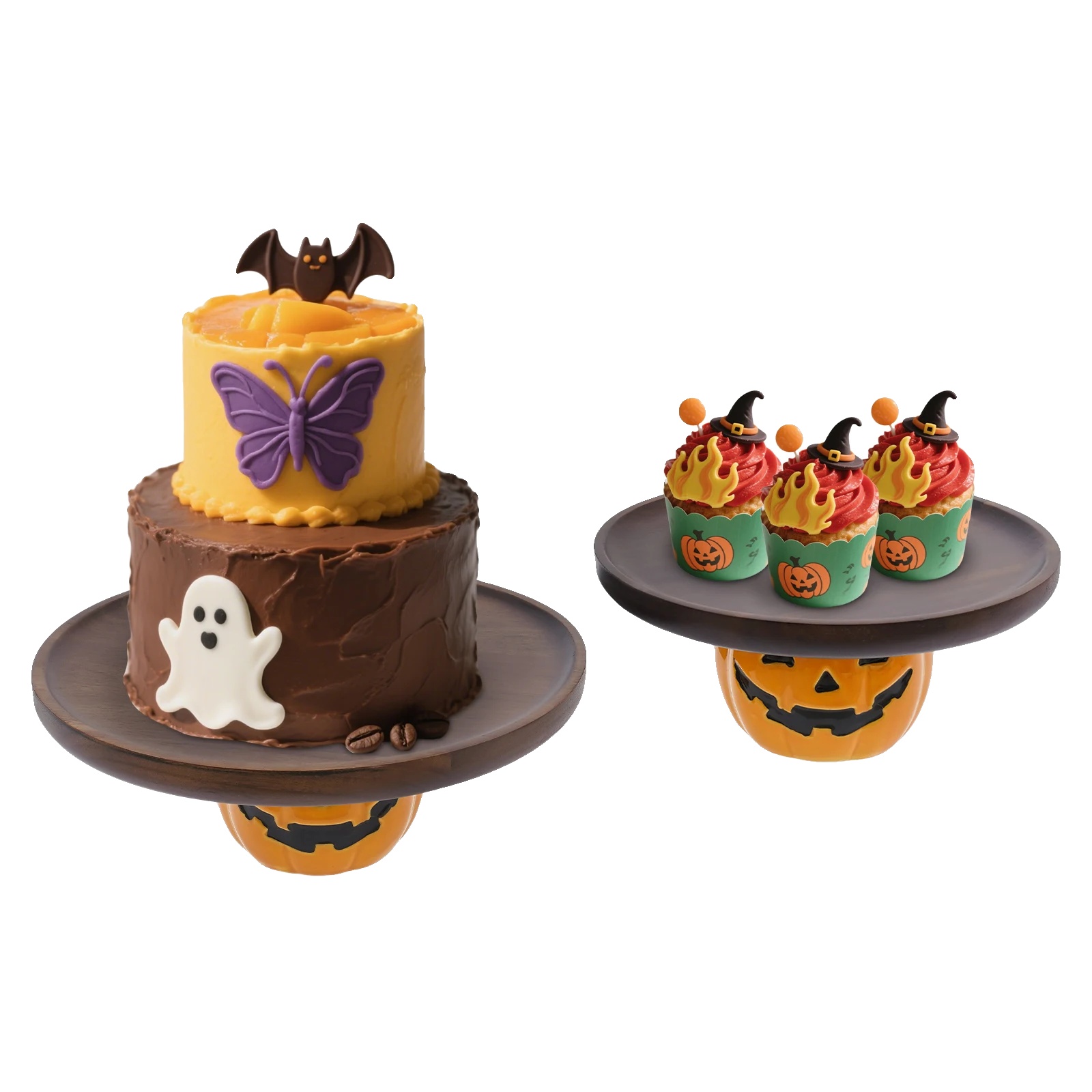 Kuchenplatten-set, Akazienholz, 2-teiliges Set, Abmessungen 21,5 Cm Und 26 Cm, Kürbisform, Dunkelbraun Und Orange