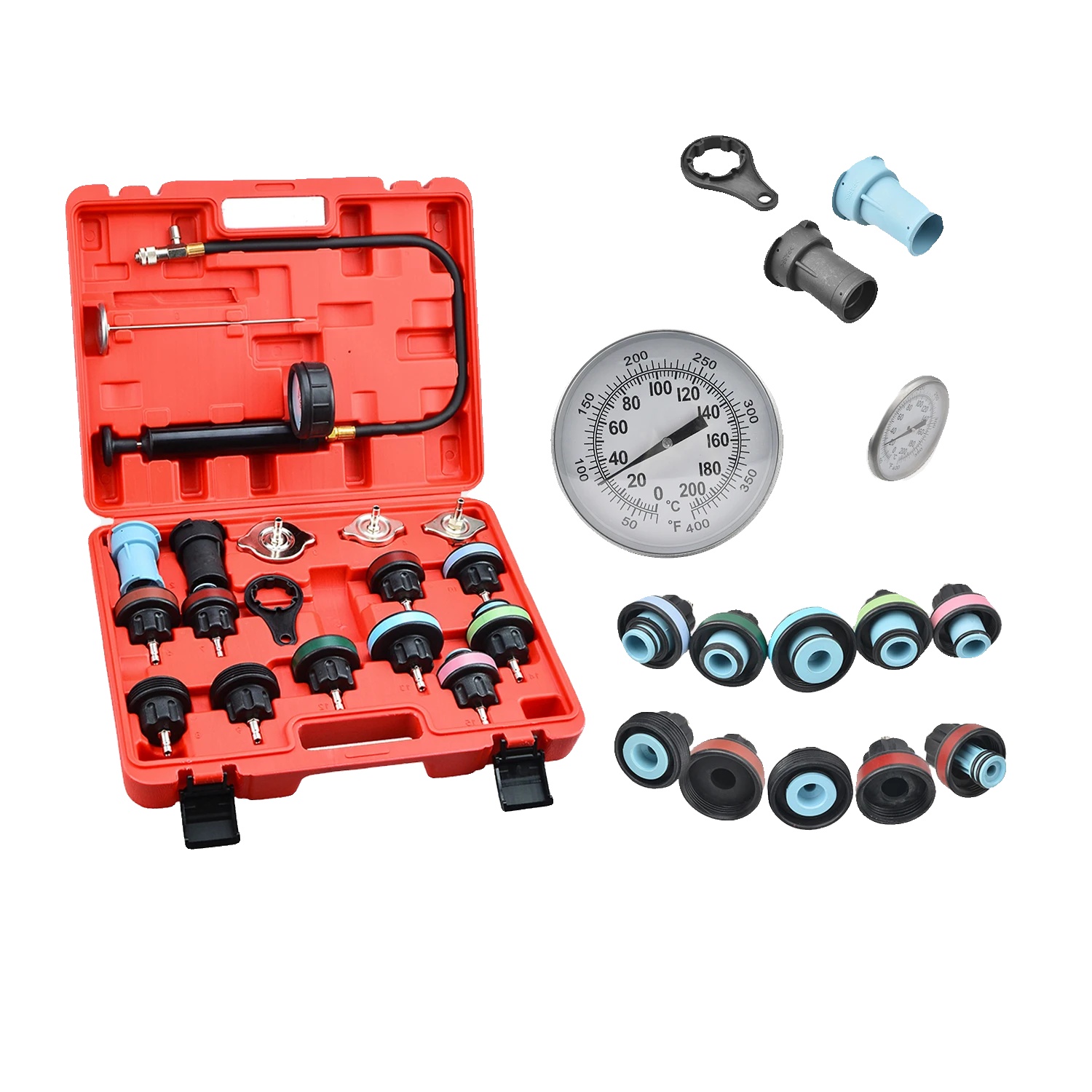 Kühlerdruckprüfer, 18-teiliges Set, Druckprüfbereich 3,5 Bar, Artikelgewicht 3,7 Kg, Kompatibel Mit Mehreren Fahrzeugmarken, Gut Ablesbares Manometer