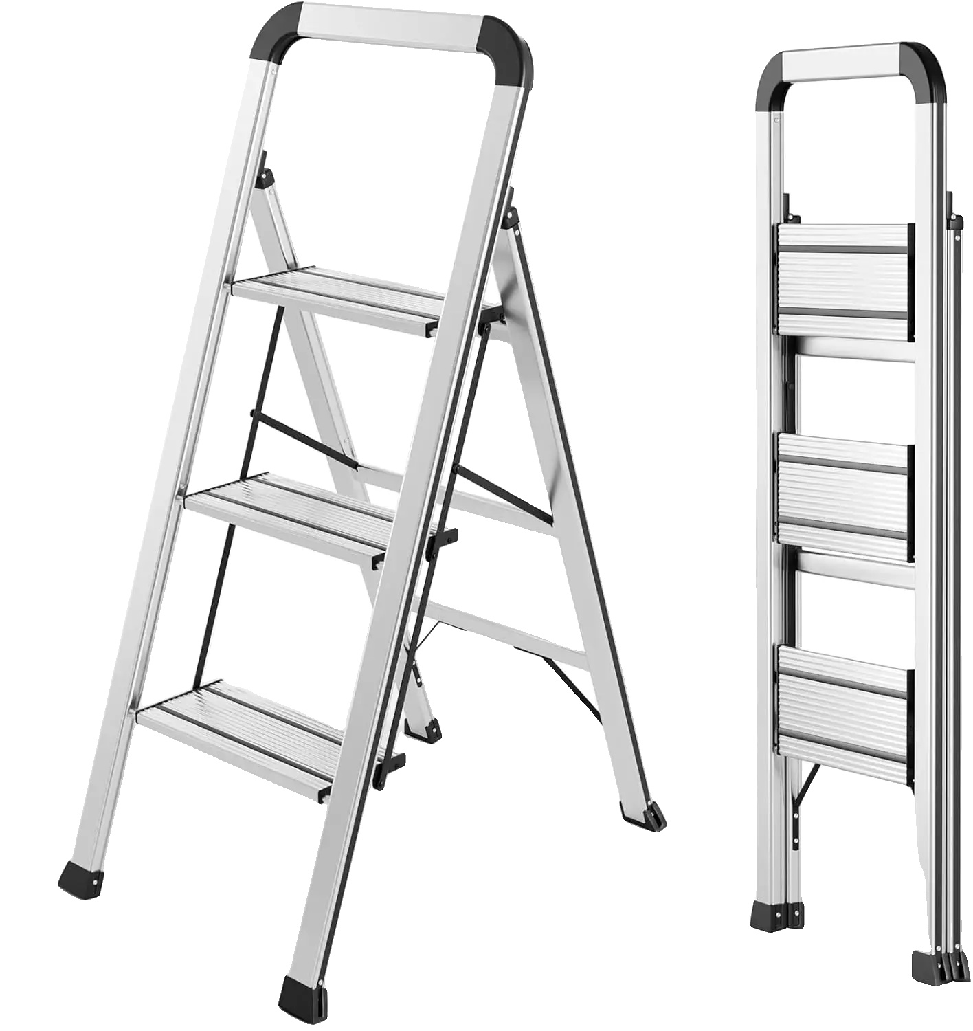 3-stufen-faltleiter, Leicht, Verstellbares Handlauf, Silber