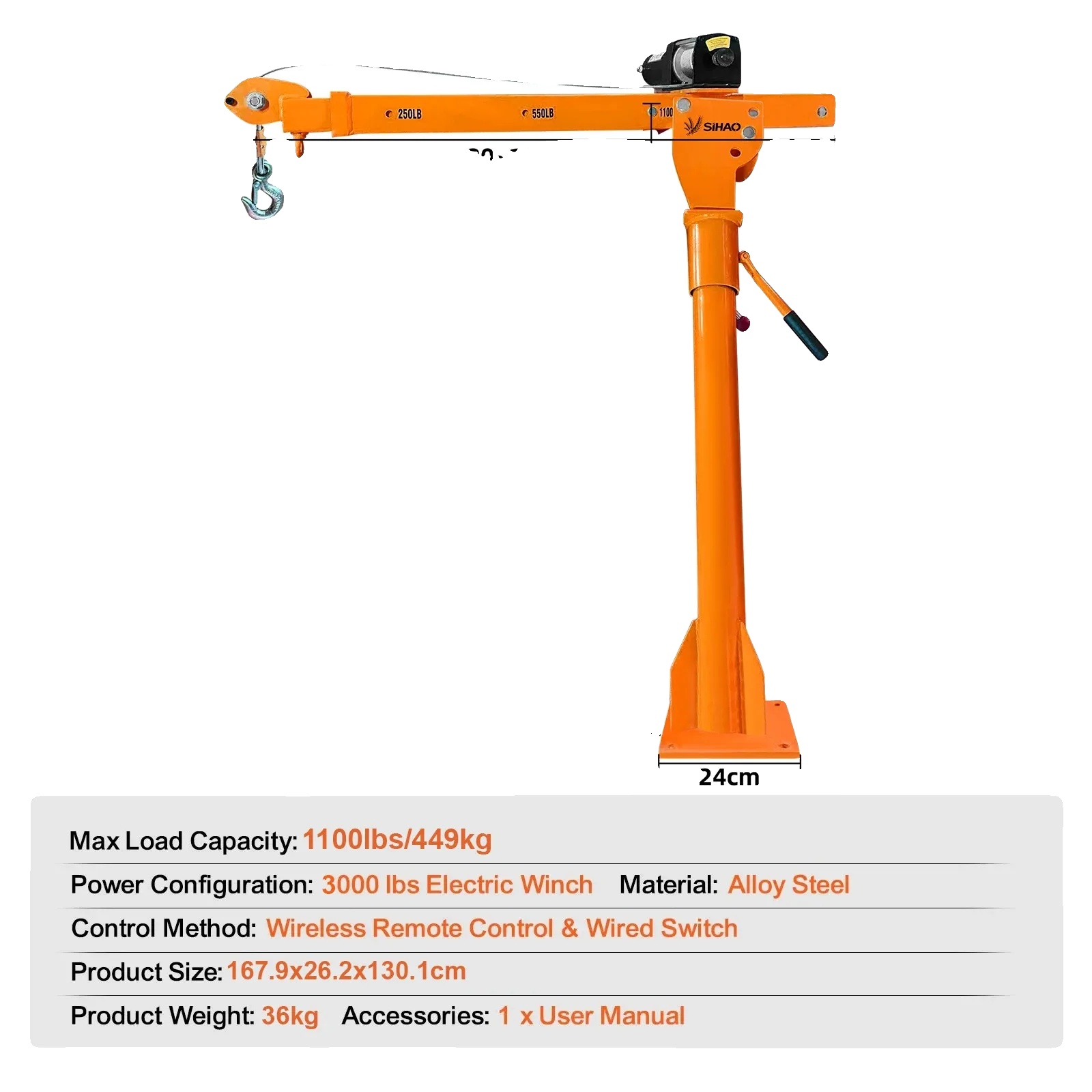 Elektrischer Kran, 500 Kg Hebekapazität, 360° Schwenkfunktion, 1100lbs 3500lbs