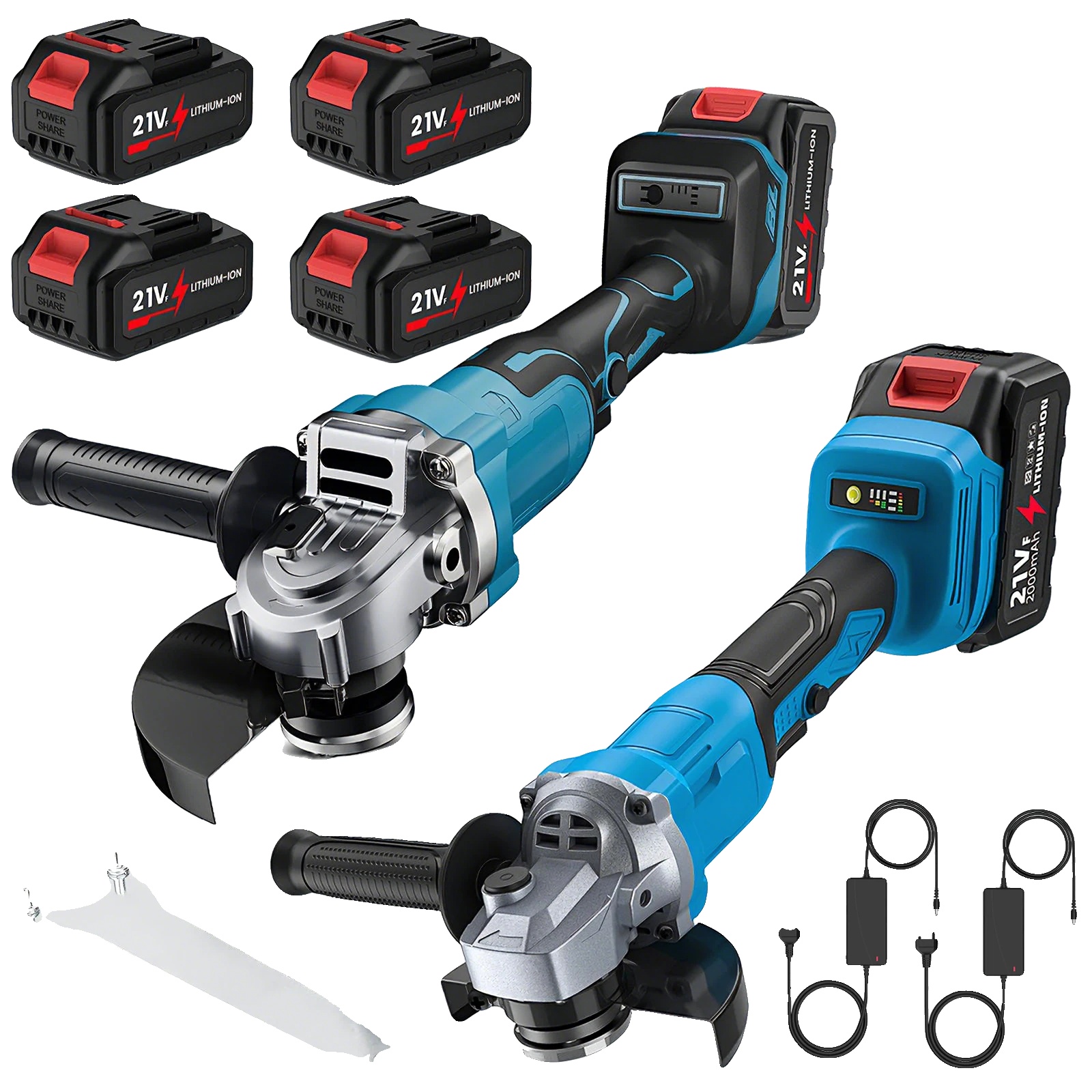 Winkelschleifer, Bürstenloser Motor, 125mm Scheibe, Kombinationsset （4 Batterien 2 Eu-stecker ）