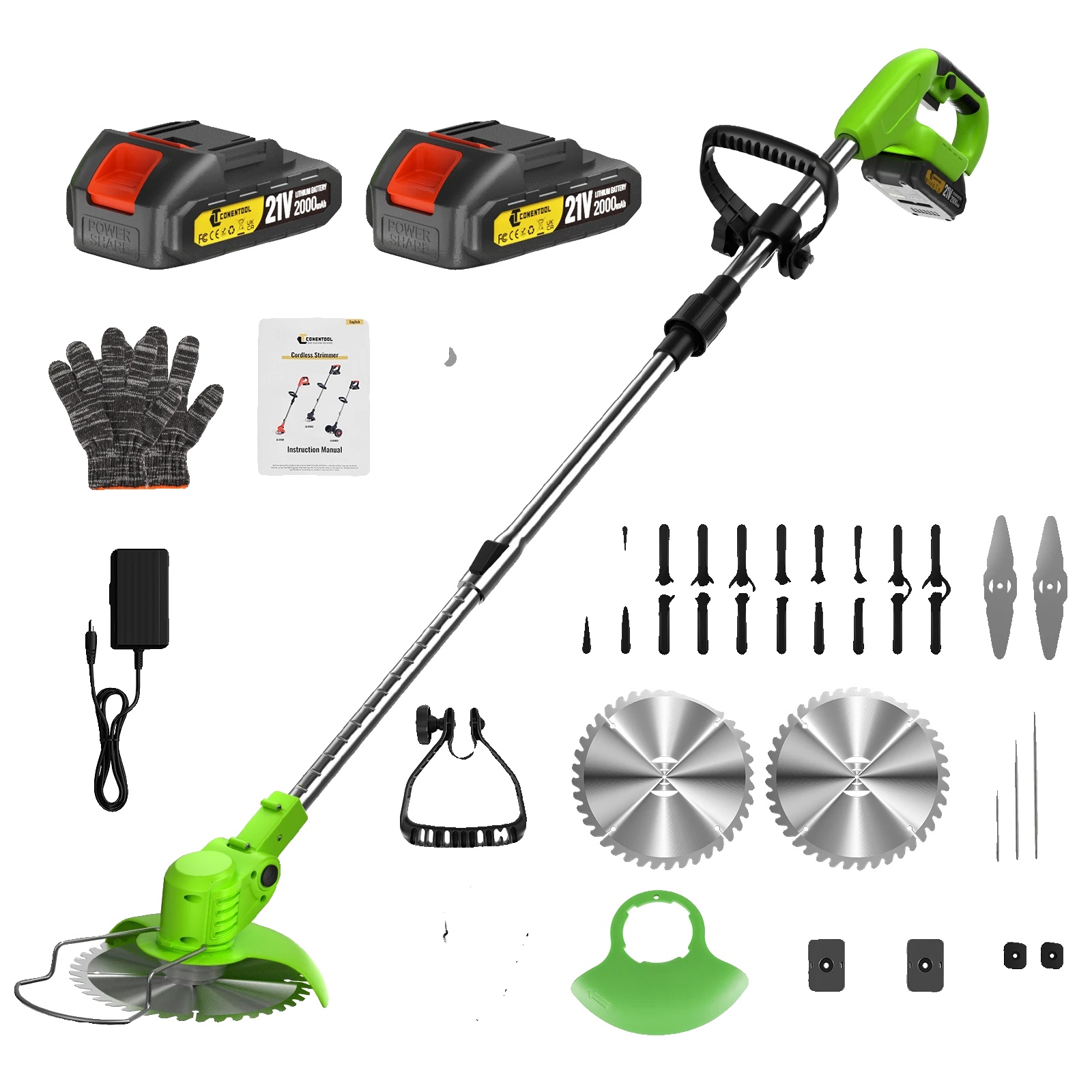 Grastrimmer, Leichtes Design, Vielseitige Klingenoptionen, Grün 2 Batterien