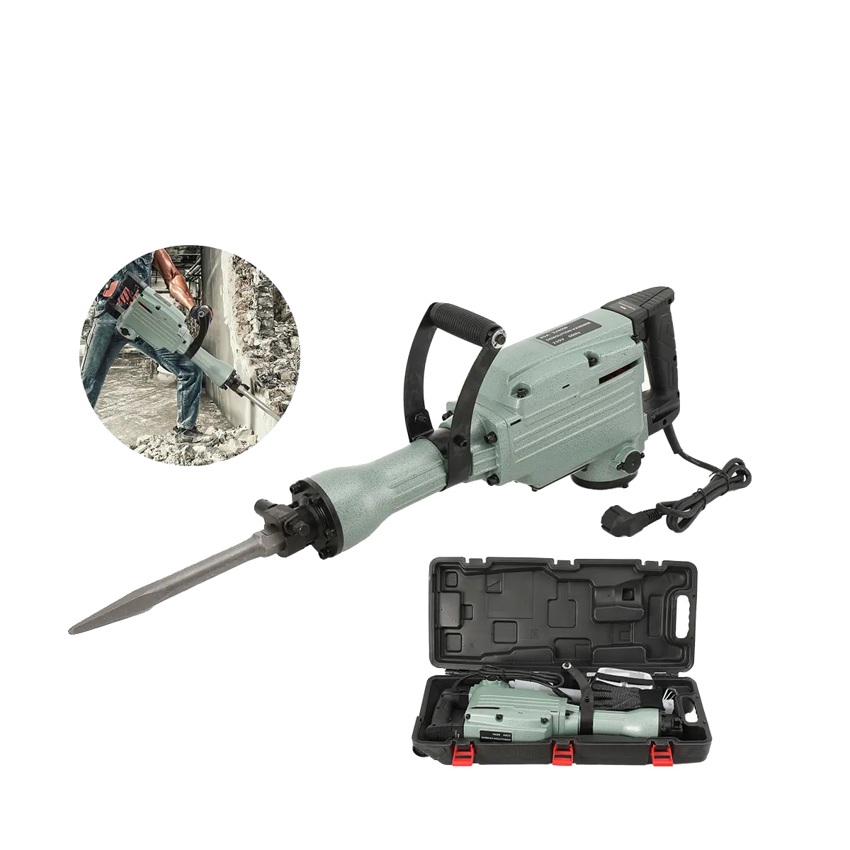 Elektrischer Abbruchhammer, 2200w, 66j Schlagenergie, 1350 Schläge/min, Sechskantmeißeltyp, 20 Kg Gewicht
