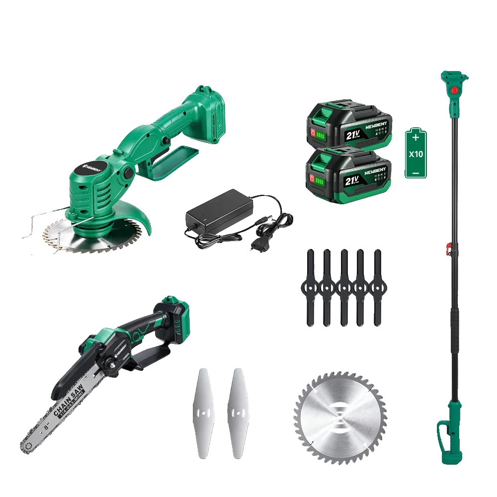 Elektrische Kettensäge, Rasenmäher, Teleskop-hochentaster, 2 Batterien, 100v-240v Eu-stecker