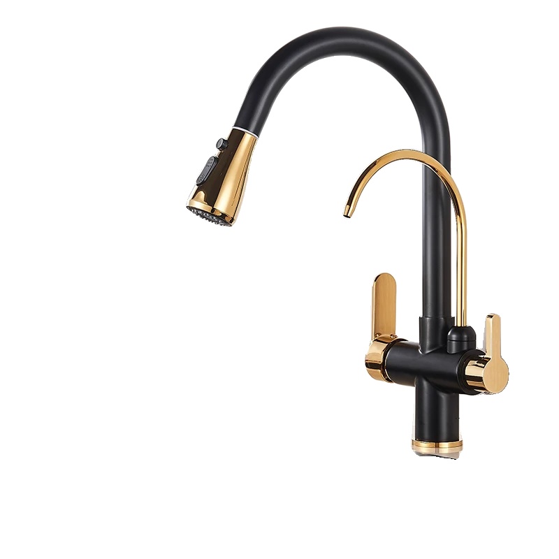 Küchenarmatur, 360-grad-drehung, Dual-handle-steuerung, Schwarz Gold B