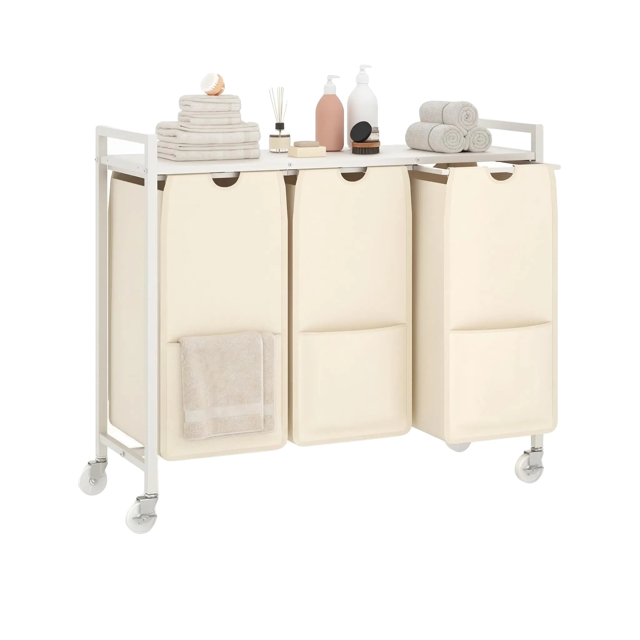 Wäschesortierer, Abnehmbare Taschen, Robuste Konstruktion, Weiß-beige
