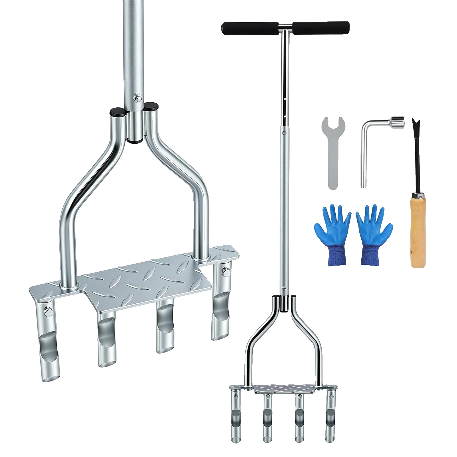 Rasenbelüfter, 4-zinken-design, Langlebiger Edelstahl, Silber