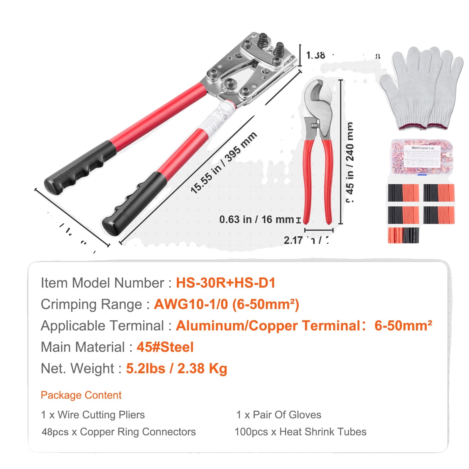 Kabelschuhpresszange, Ergonomische Griffe, Präzise Crimpfähigkeit, 395mm 4stück