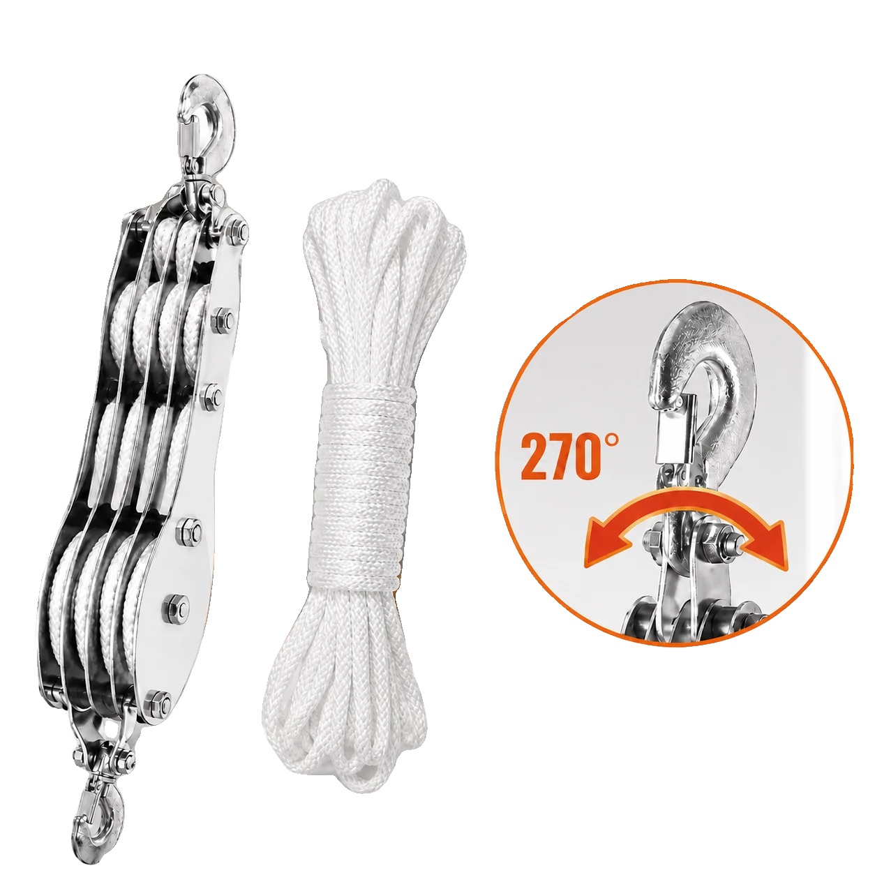 Seilrollen-system, Robuste Bauweise, 270° Drehung, 4 Räder 20m