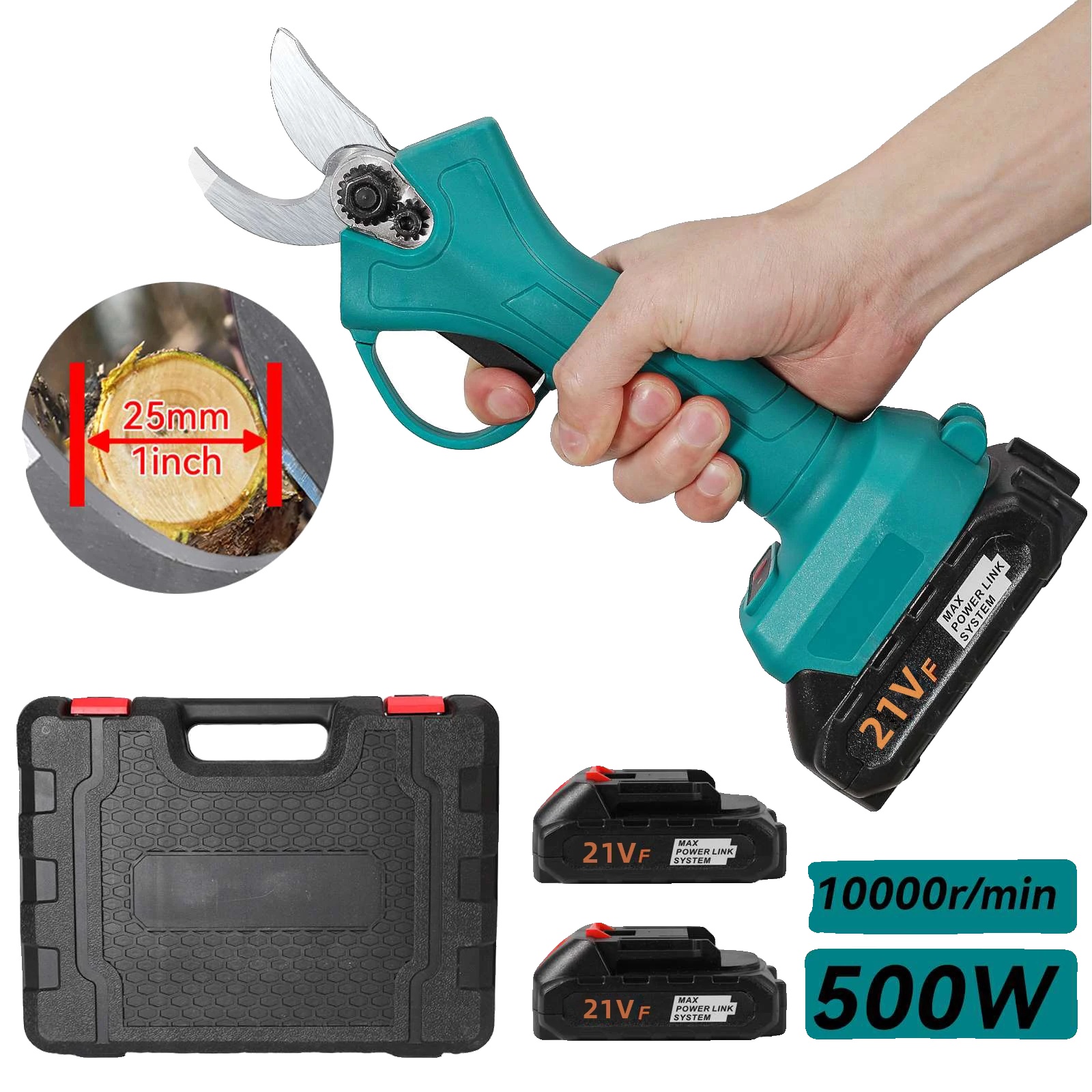 Akku-gartenschneider, Bürstenloser Motor, Ergonomischer Griff, Zwei Batterien, Zwei Batterien