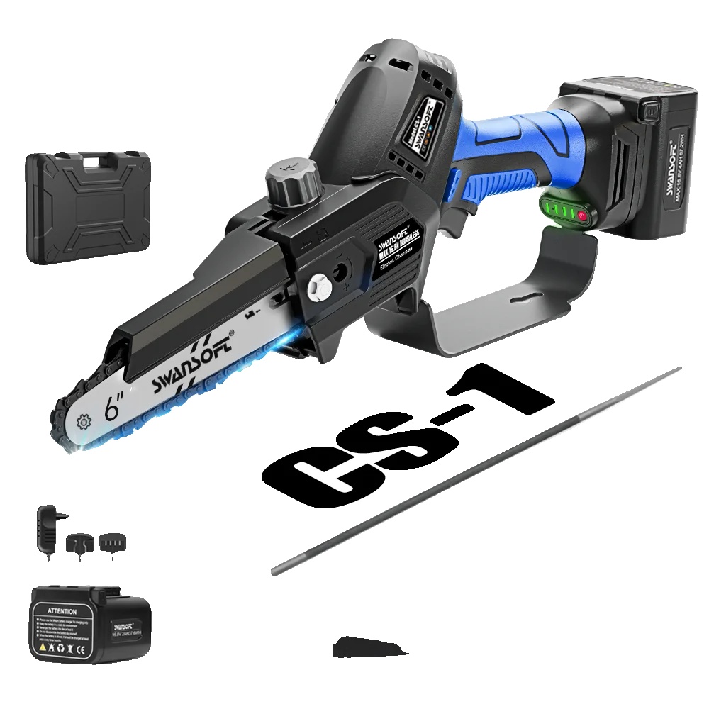 Mini-kettensäge, Selbstschmierungssystem, Leistungsstarker 500w Motor, Cs-1 Blau, Zwei Batterien