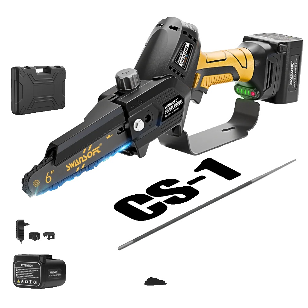 Mini-kettensäge, Selbstschmierungssystem, Leistungsstarker 500w Motor, Cs-1 Gelb, Zwei Batterien-a