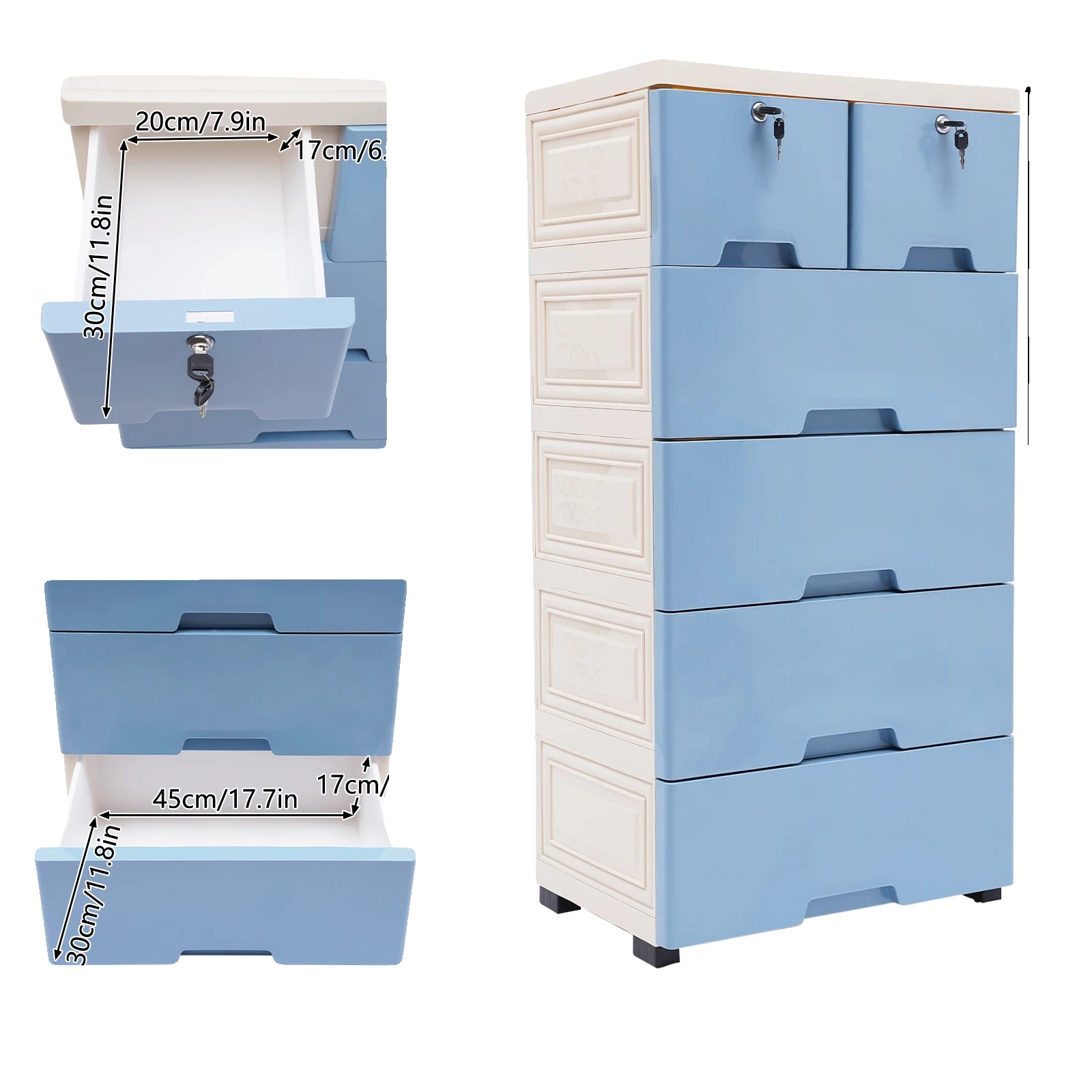 Schubladenschrank, Wasserdicht, Abnehmbares Design, Weißblau