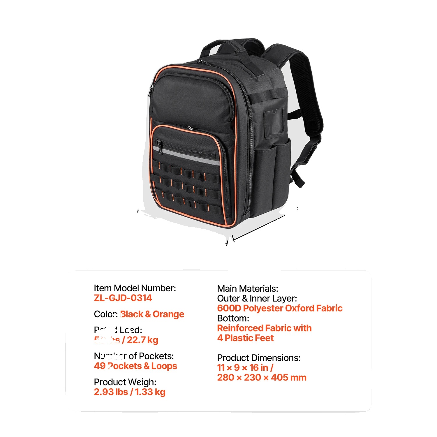 Werkzeug-rucksack, 49 Taschen, Strapazierfähiger Oxford-stoff, 10-12zoll