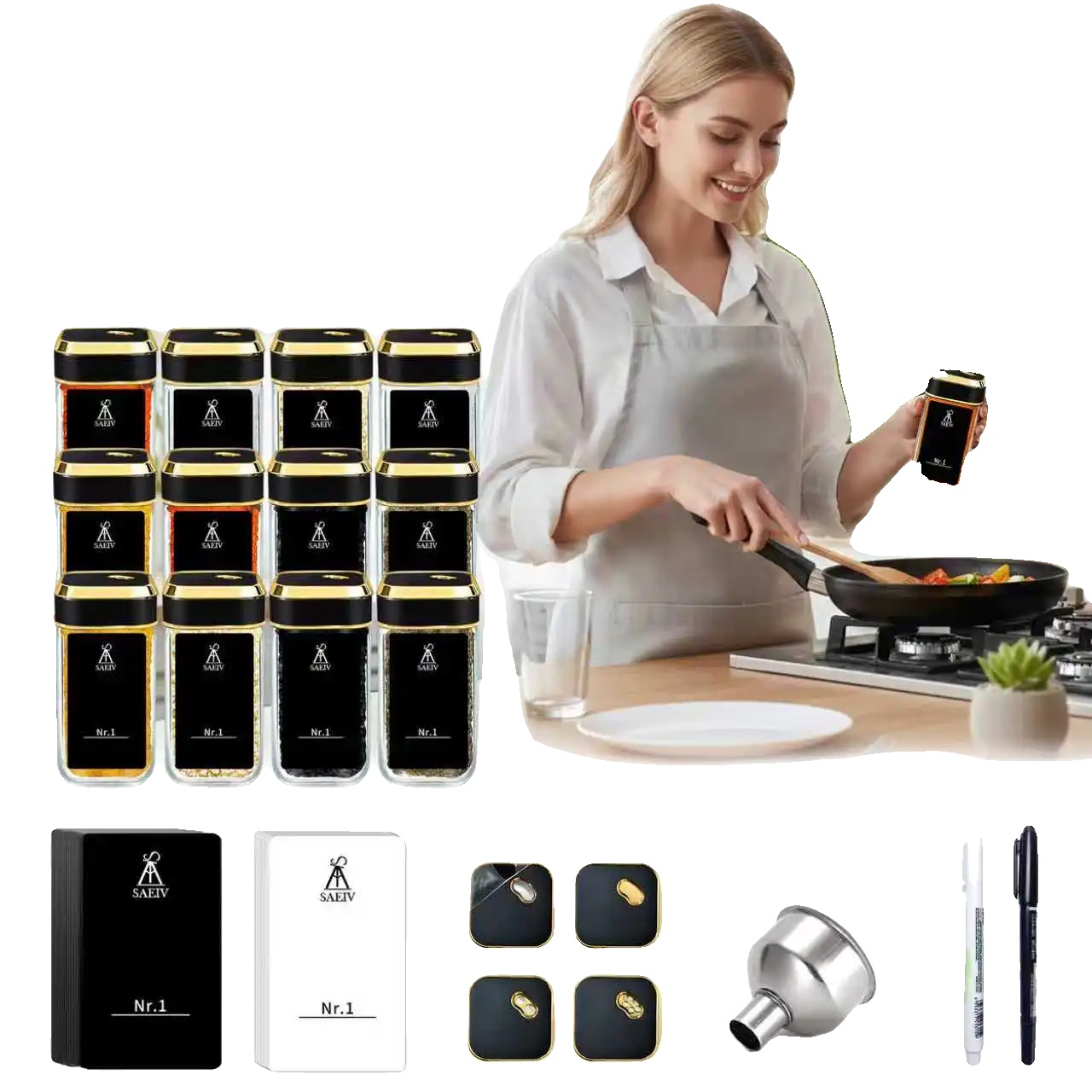 Gewürzglas-set, Drehbare Ausgabebohrungen, Luftdichter Auslaufsicherer Deckel, 12pcs