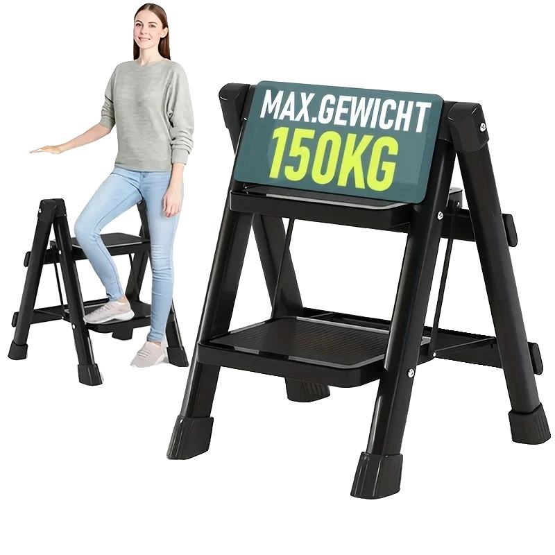 Haushaltsleiter, Metallkonstruktion, 2 Stufen, Leiterhöhe 1,6 M, Maximale Tragfähigkeit 150 Kg, Kompaktes Design