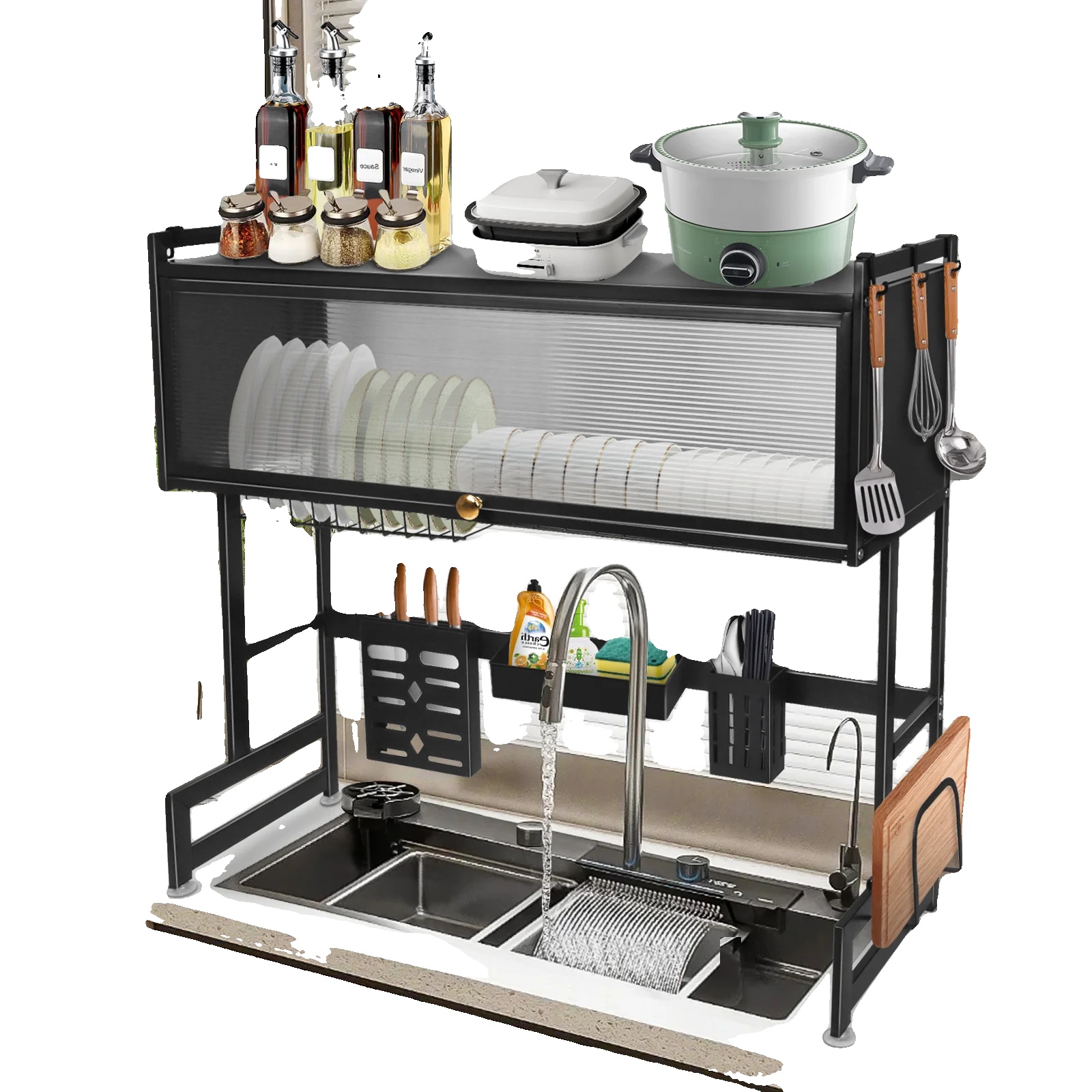 Geschirrabtropfgestell, 2-stöckiges Design, Rostbeständig, Schwarz, L