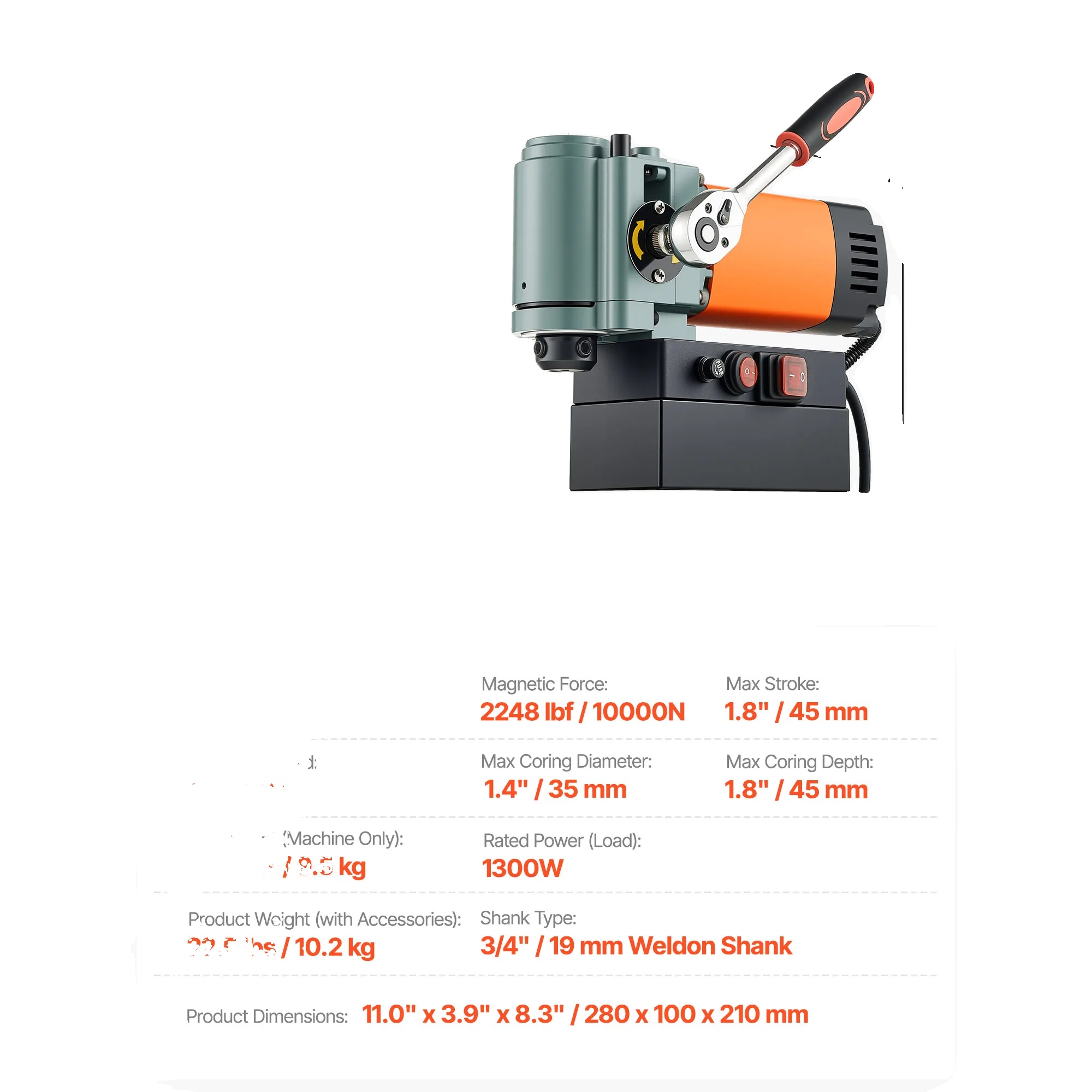 Magnetbohrmaschine, 1300 W Leistung, 2248 Lbf Magnetkraft, 1300w 650rpm