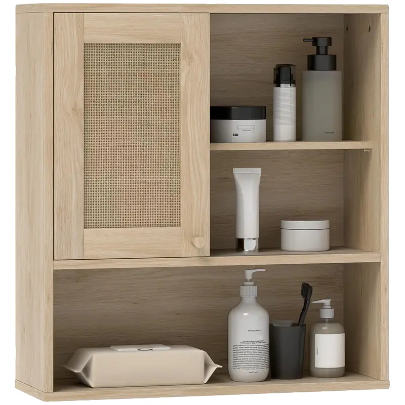 Wandschrank, Hoher Badezimmerschrank Mit Schiebetür, Offene Regale, Armeegrün