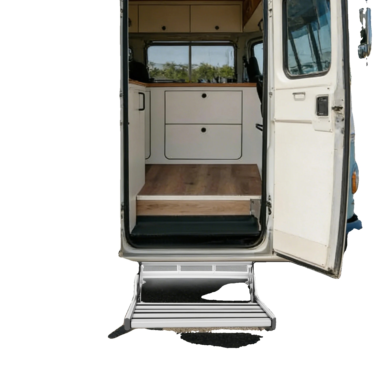 Klappbarer Wohnmobilstufen, Aluminiumlegierung, Tragfähigkeit 150kg, Stufenbreite 44cm, Integriertes Led-licht, Gesamtabmessungen 47,6cm X 50,1cm X