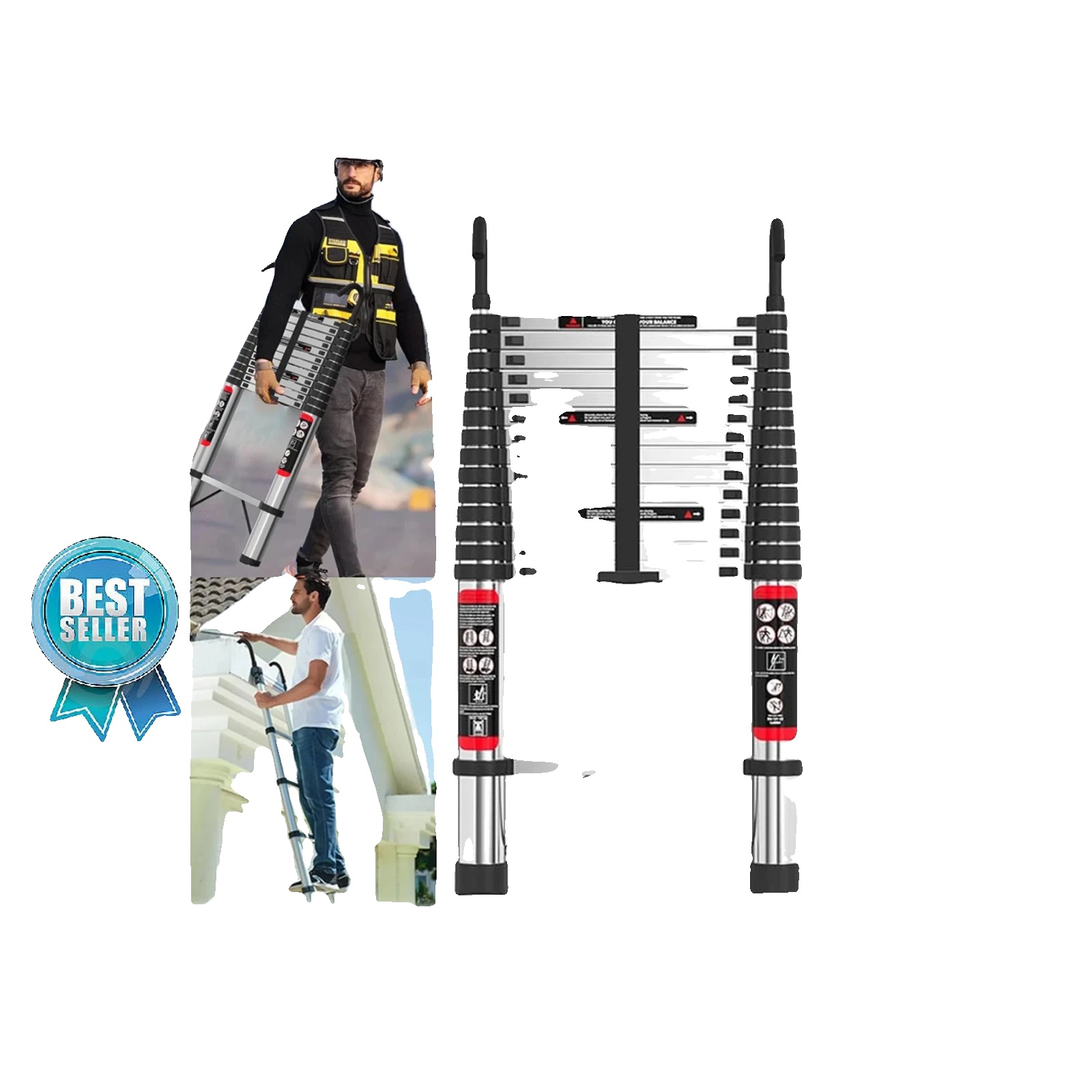 Teleskopleiter, Schwerlastmetall, 150 Kg Tragfähigkeit, 4.4m Mit 2 Haken