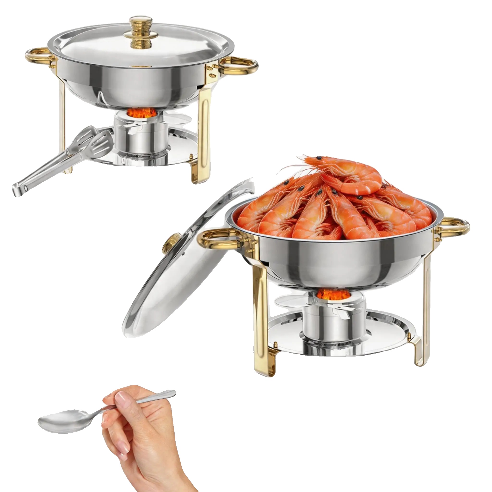 Chafing Dishes, 5l Kapazität, 14 Zoll Durchmesser, Einschließlich Deckel Und Halter, Edelstahlkonstruktion, Spülmaschinenfest