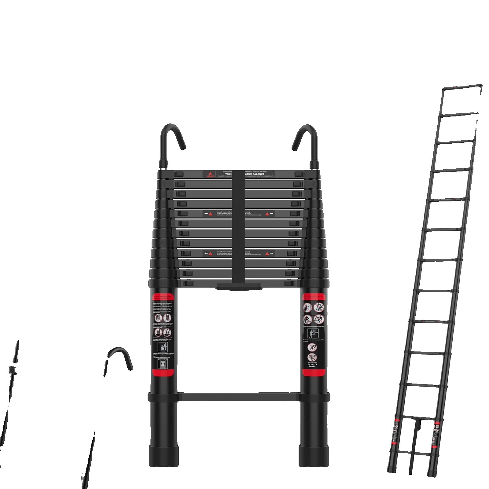 Teleskopleiter, Verstellbare Höhe, 150 Kg Tragfähigkeit, 3.8m/12.5ft + 2 Abnehmbare Haken