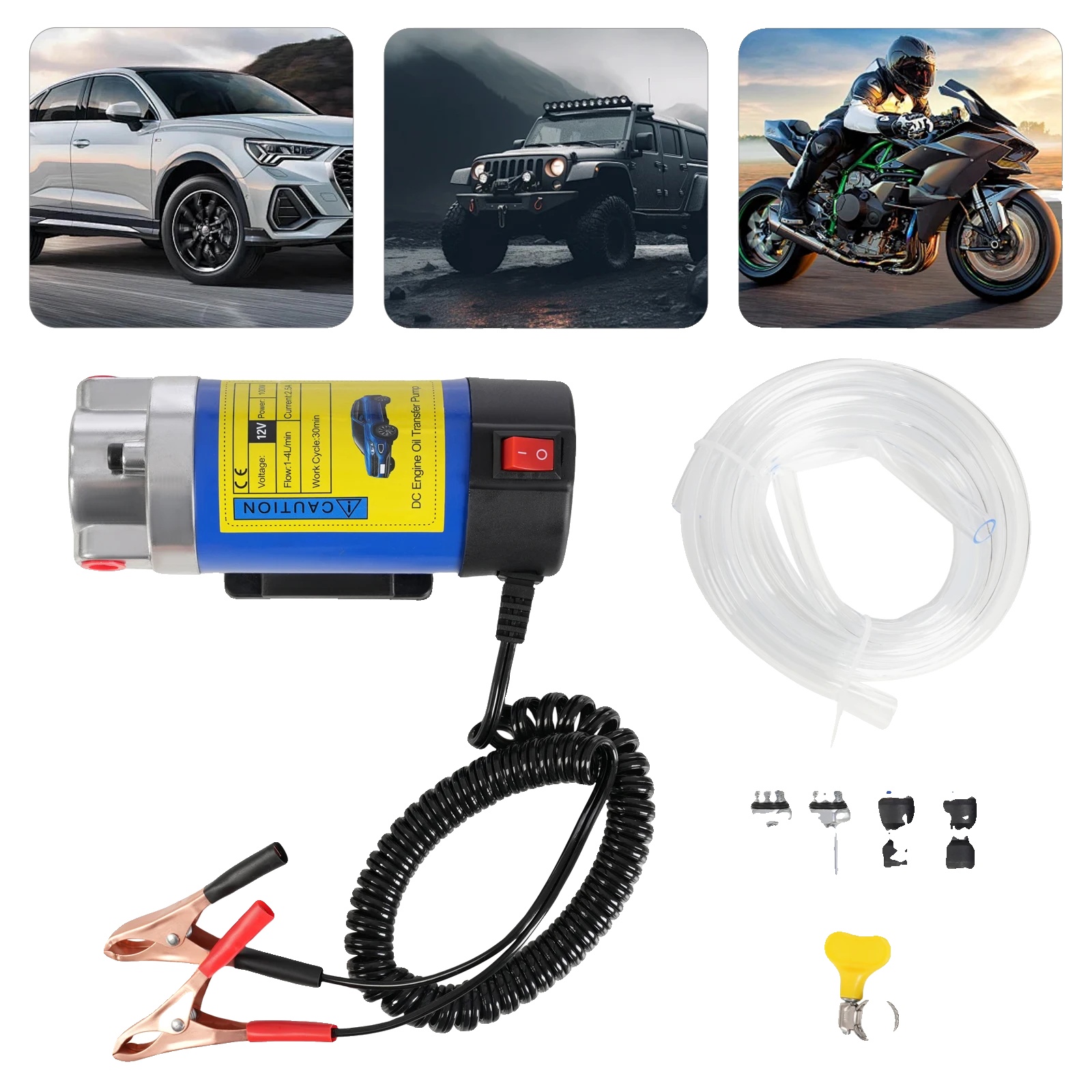 Öltransferpumpe, 12v, 100w, Durchflussrate 1-4 L/min, Schlauchlänge 1m, Langlebiges Gusseisen