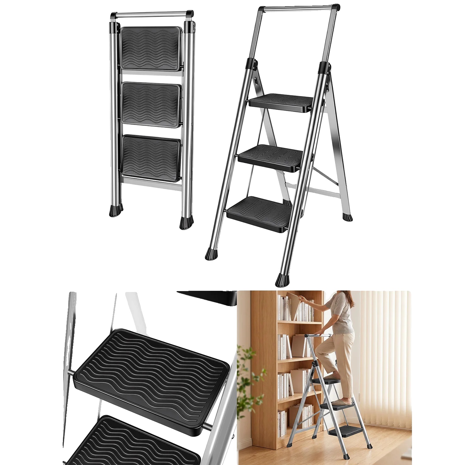 Faltbare Sicherheitstreppe, Schwerlast, Rutschfestes Design, Schwarz