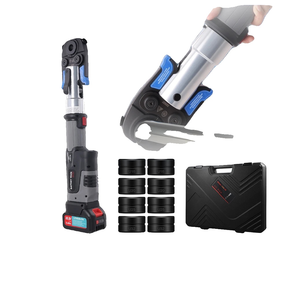 Elektrisches Rohrverpresswerkzeug, Verpressgrößen U16/20/25/32mm, 60kn Ausstoß, Dual 5000mah Batterien, 2a Schnellladegerät, Gehärtete