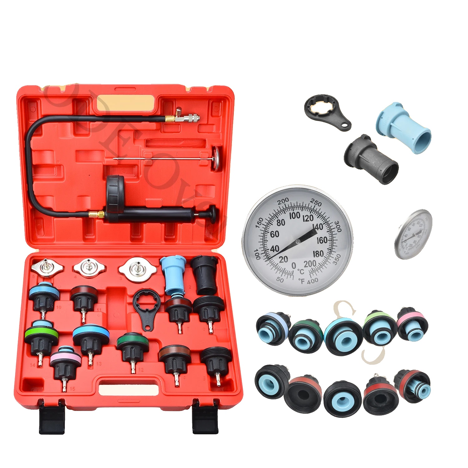 Kühlerdruckprüfer, 18-teiliges Universalset, Lecksuche Bis Zu 3,5 Bar, Leicht Ablesbares Manometer, Blasengeformter Koffer, Zufällige Farbbox