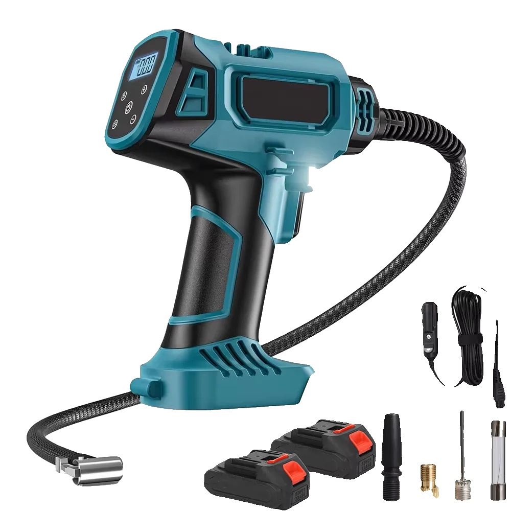Tragbarer Luftkompressor, Digitale Anzeige, Led-beleuchtung, 2 Batterien 1 Stecker